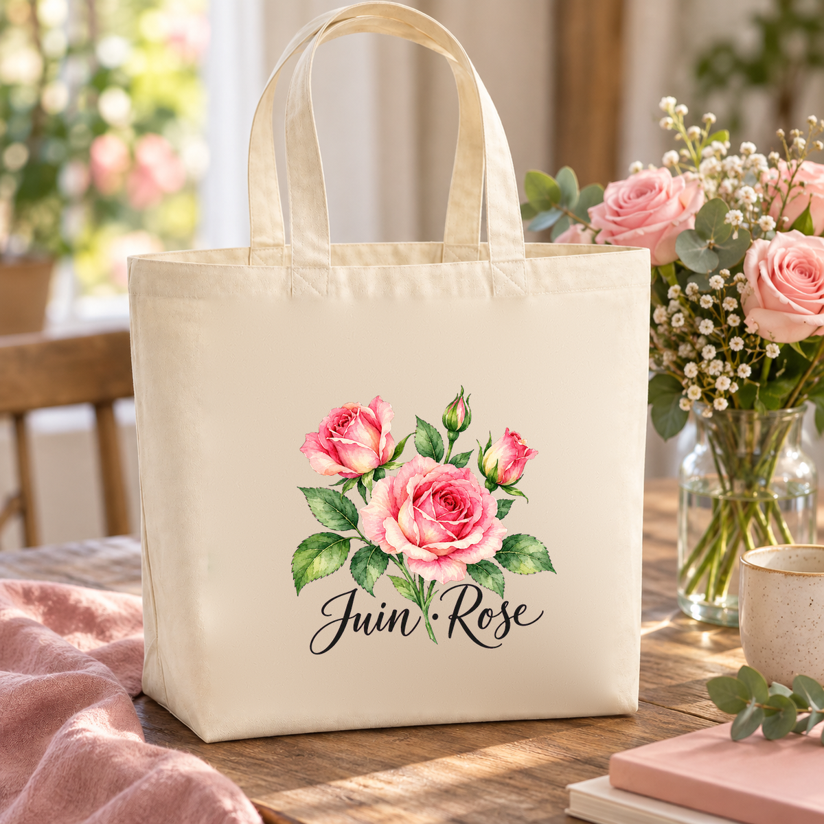 Tote bag fleur de naissance « Juin · Rose » Premium posé sur une table, à côté d'un vase de roses et de gypsophile