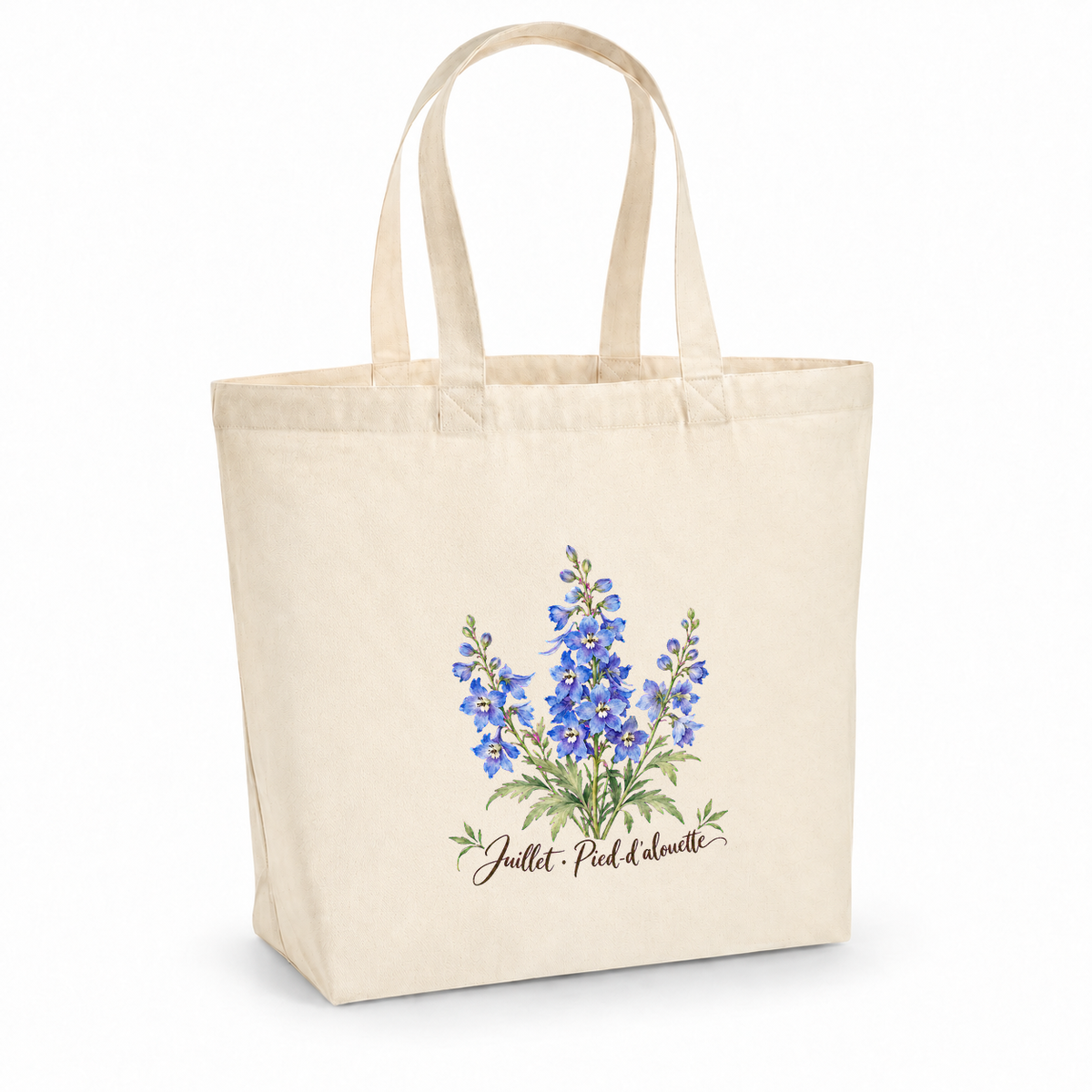 Tote bag fleur de naissance « Juillet · Pied-d'alouette » Premium, cabas à soufflet en coton naturel 200 g/m² de 18 litres, aquarelle botanique d'un bouquet de pieds-d'alouette