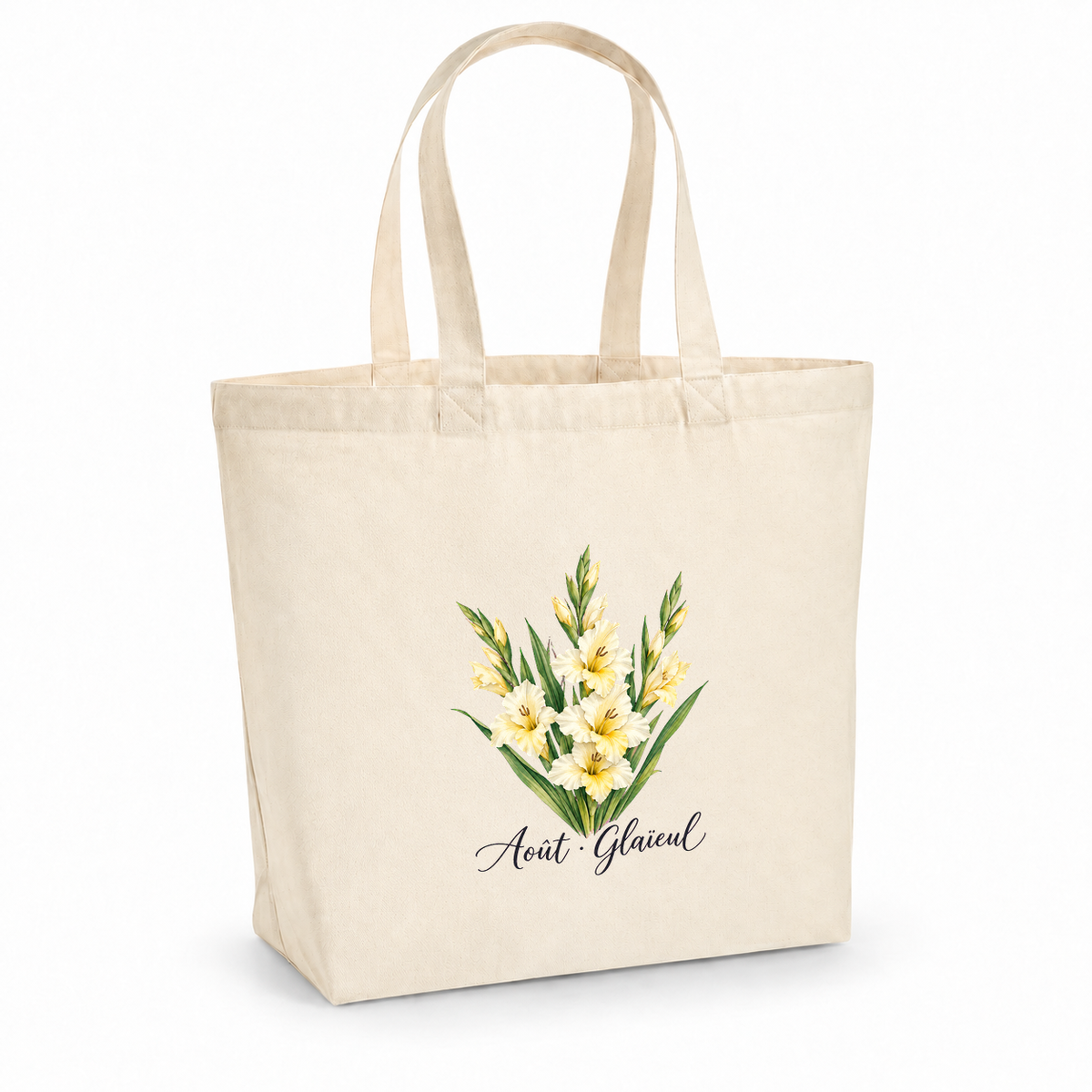 Tote bag fleur de naissance « Août · Glaïeul » Premium, cabas à soufflet en coton naturel 200 g/m² de 18 litres, aquarelle botanique d'une gerbe de glaïeuls