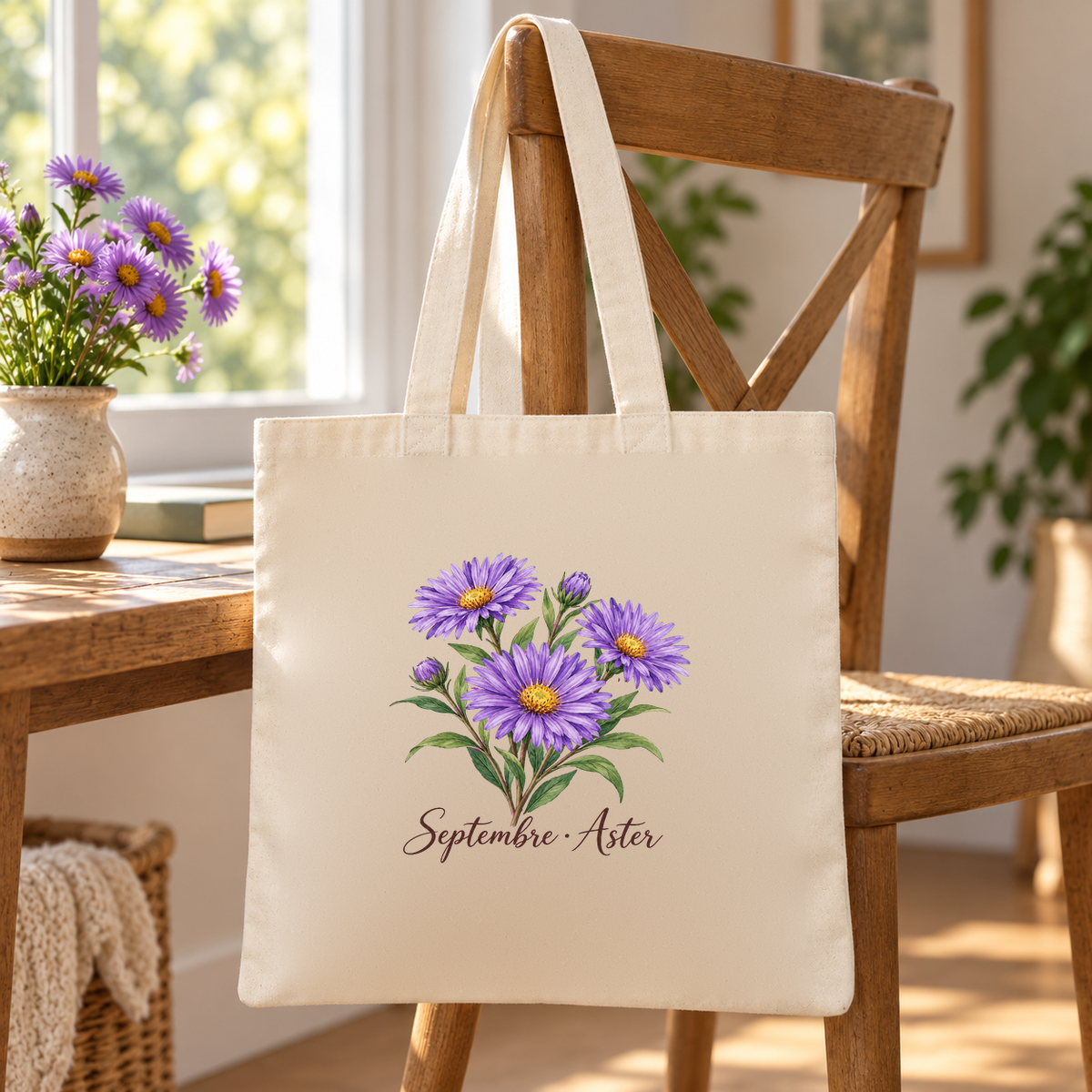 Tote bag fleur de naissance « Septembre · Aster » Essentiel suspendu à une chaise, à côté d'un vase d'asters