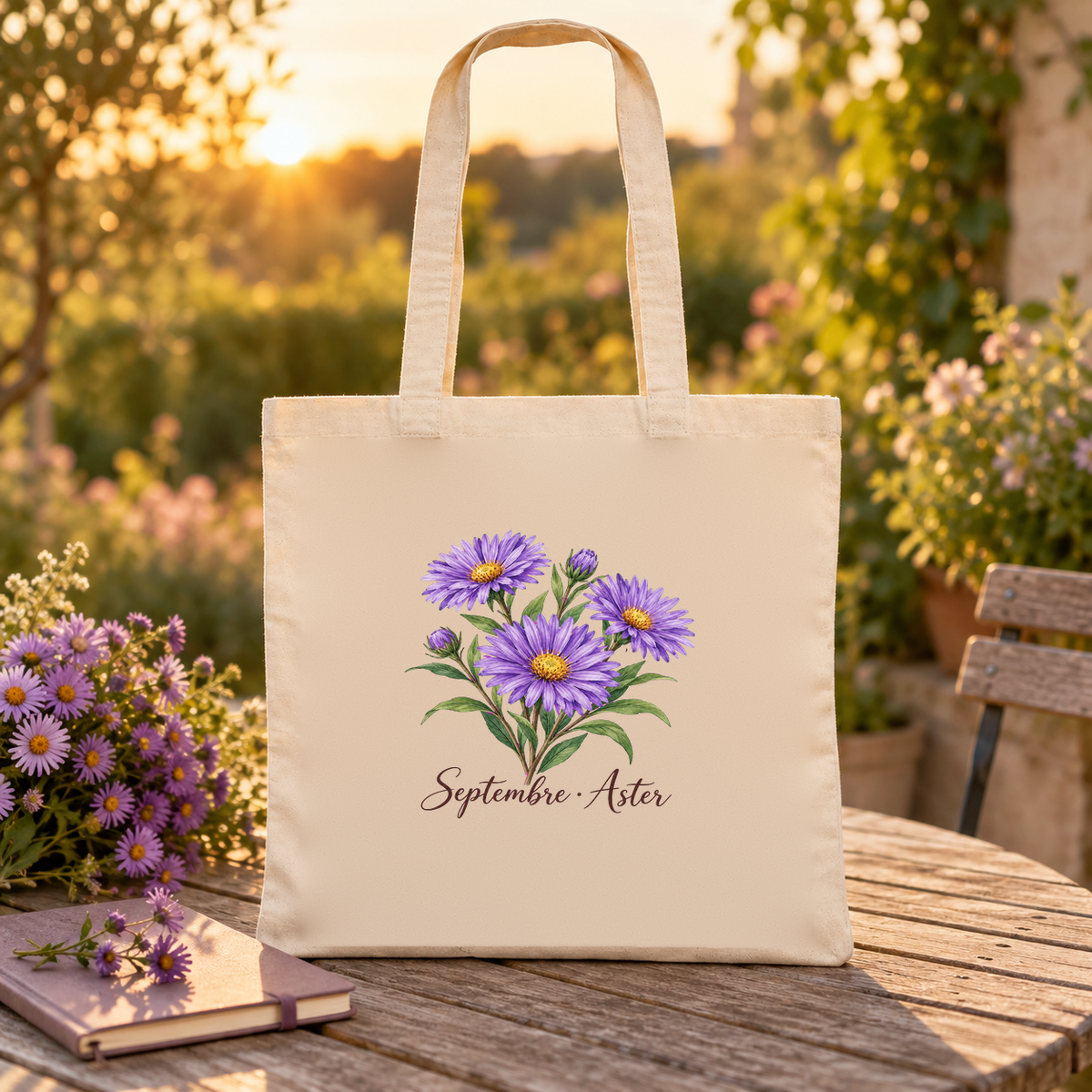 Tote bag fleur de naissance « Septembre · Aster » Essentiel posé sur une table de jardin au coucher du soleil, à côté d'un bouquet d'asters et d'un livre