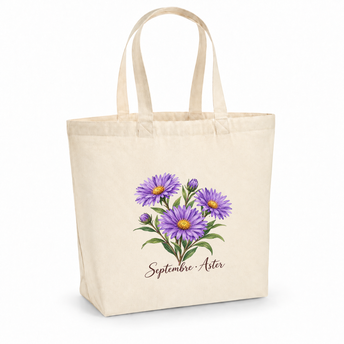 Tote bag fleur de naissance « Septembre · Aster » Premium, cabas à soufflet en coton naturel 200 g/m² de 18 litres, aquarelle botanique d'un bouquet d'asters violets