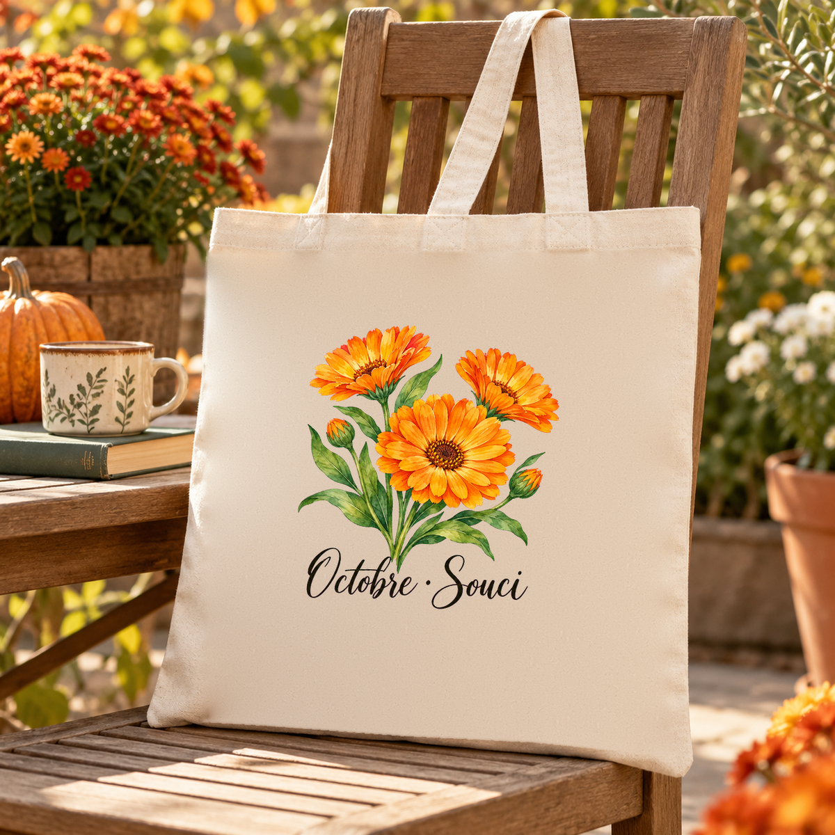Tote bag fleur de naissance « Octobre · Souci » Essentiel suspendu à une chaise de jardin, à côté d'une tasse, de livres et de soucis en pot