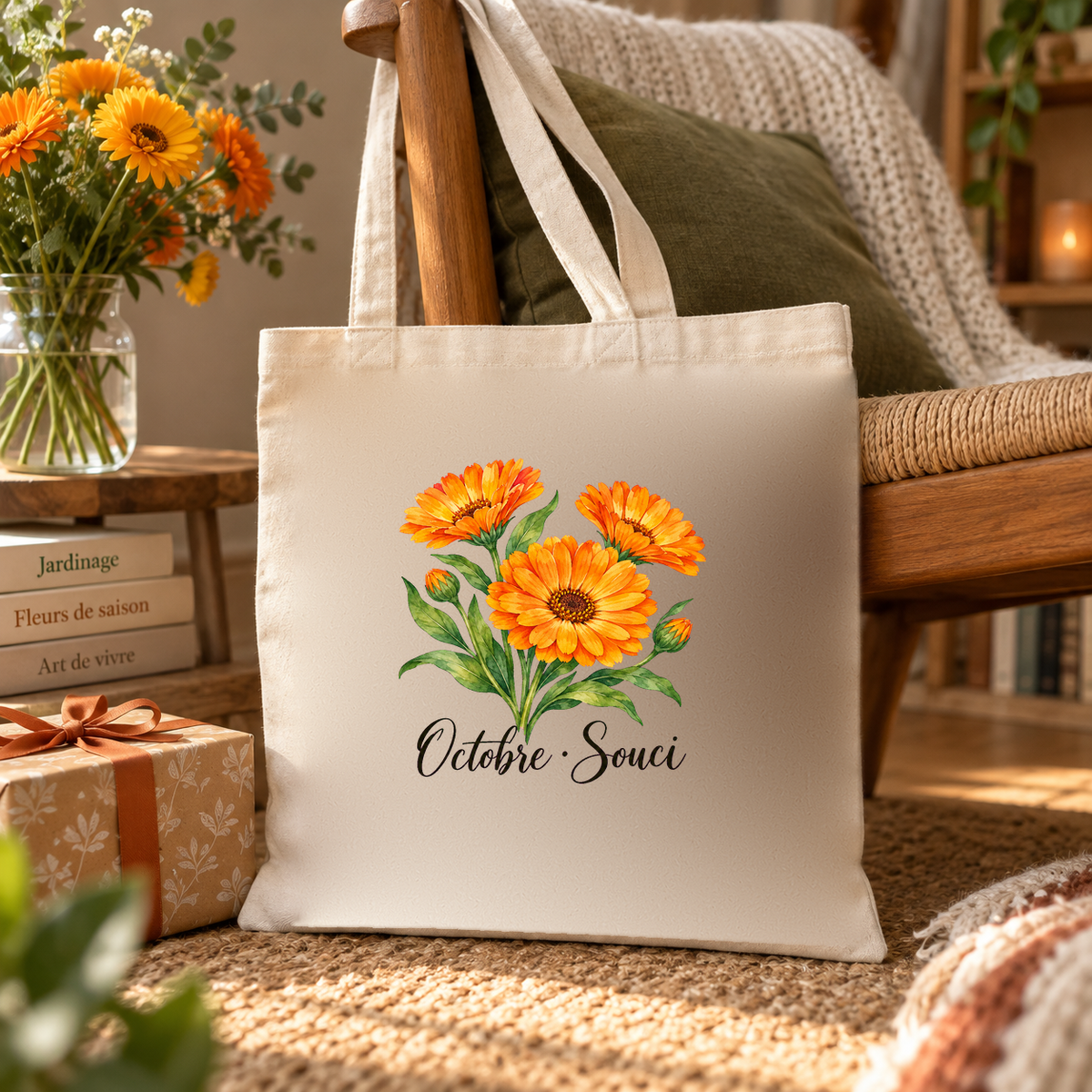 Tote bag fleur de naissance « Octobre · Souci » Essentiel posé contre une chaise, à côté d'un vase de soucis, de livres et d'un cadeau