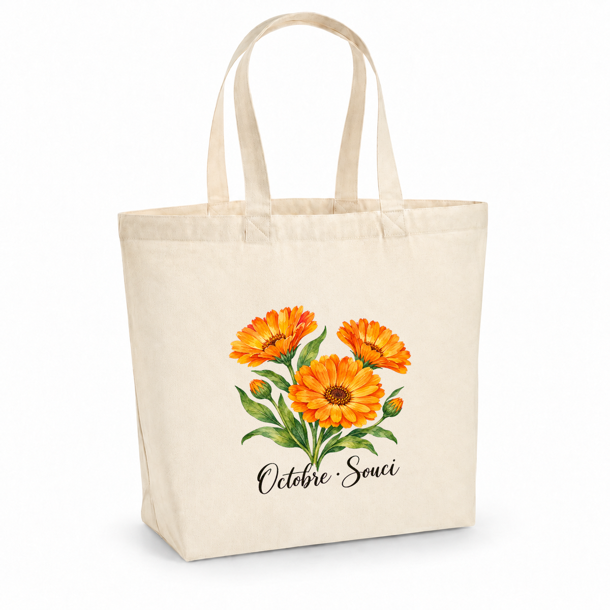 Tote bag fleur de naissance « Octobre · Souci » Premium, cabas à soufflet en coton naturel 200 g/m² de 18 litres, aquarelle botanique d'un bouquet de soucis orange