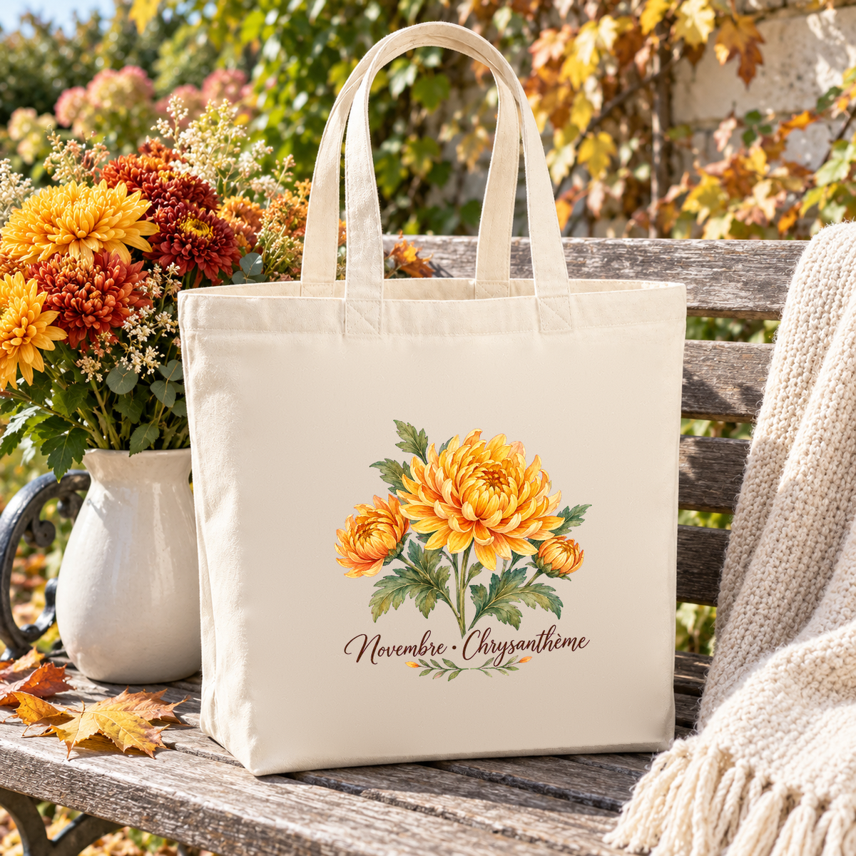 Tote bag fleur de naissance « Novembre · Chrysanthème » Premium posé sur un banc de jardin, à côté d'un pichet de chrysanthèmes et d'un plaid