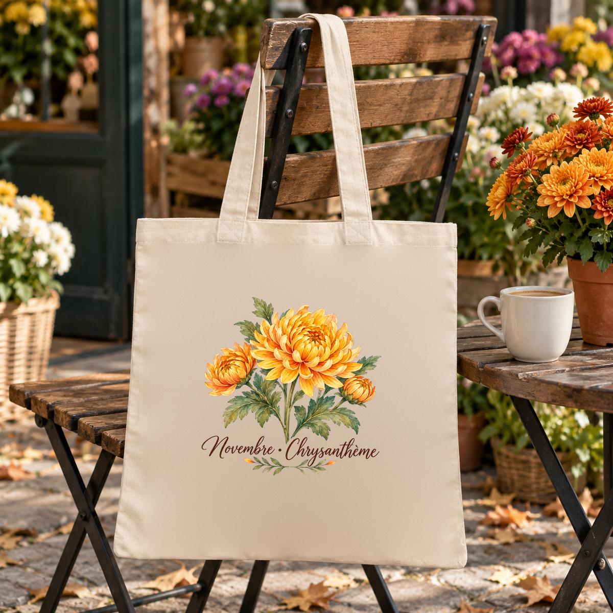 Tote bag fleur de naissance « Novembre · Chrysanthème » Essentiel suspendu à une chaise de jardin, entre pots de chrysanthèmes et feuilles d'automne