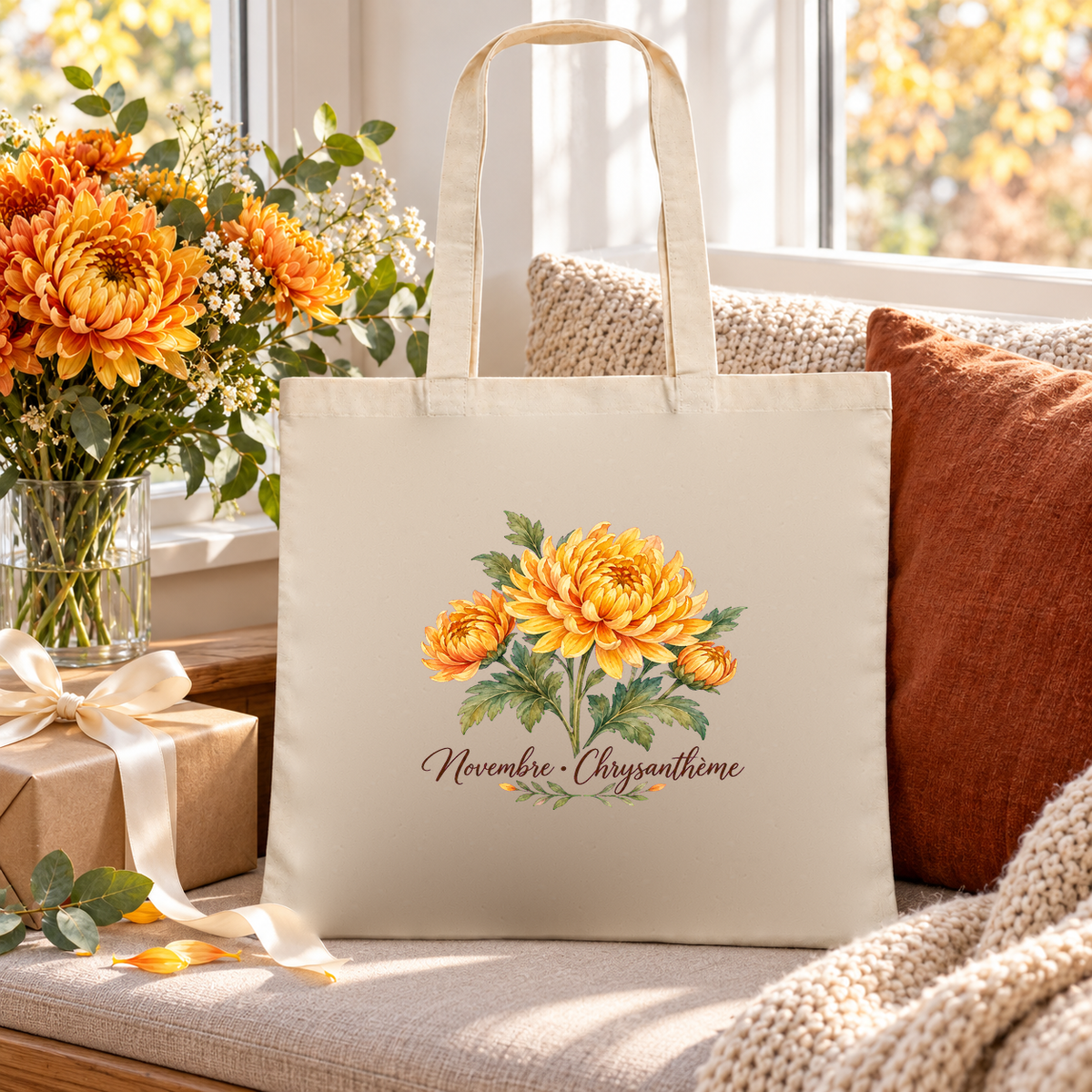 Tote bag fleur de naissance « Novembre · Chrysanthème » Essentiel posé sur une banquette, à côté d'un vase de chrysanthèmes et d'un cadeau