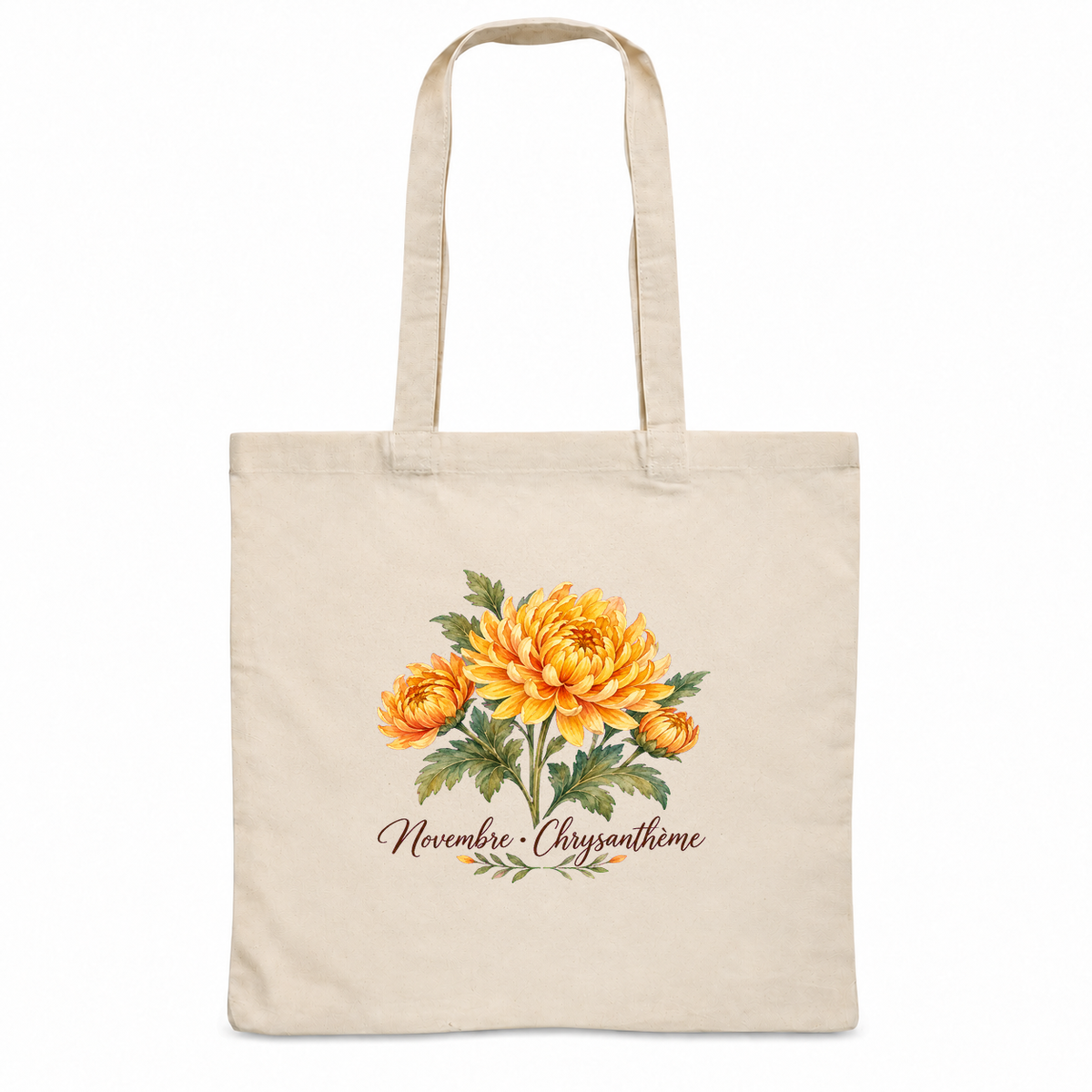 Tote bag fleur de naissance « Novembre · Chrysanthème » Essentiel, sac plat en coton naturel 140 g/m² de 38 × 42 cm, aquarelle botanique d'un bouquet de chrysanthèmes dorés