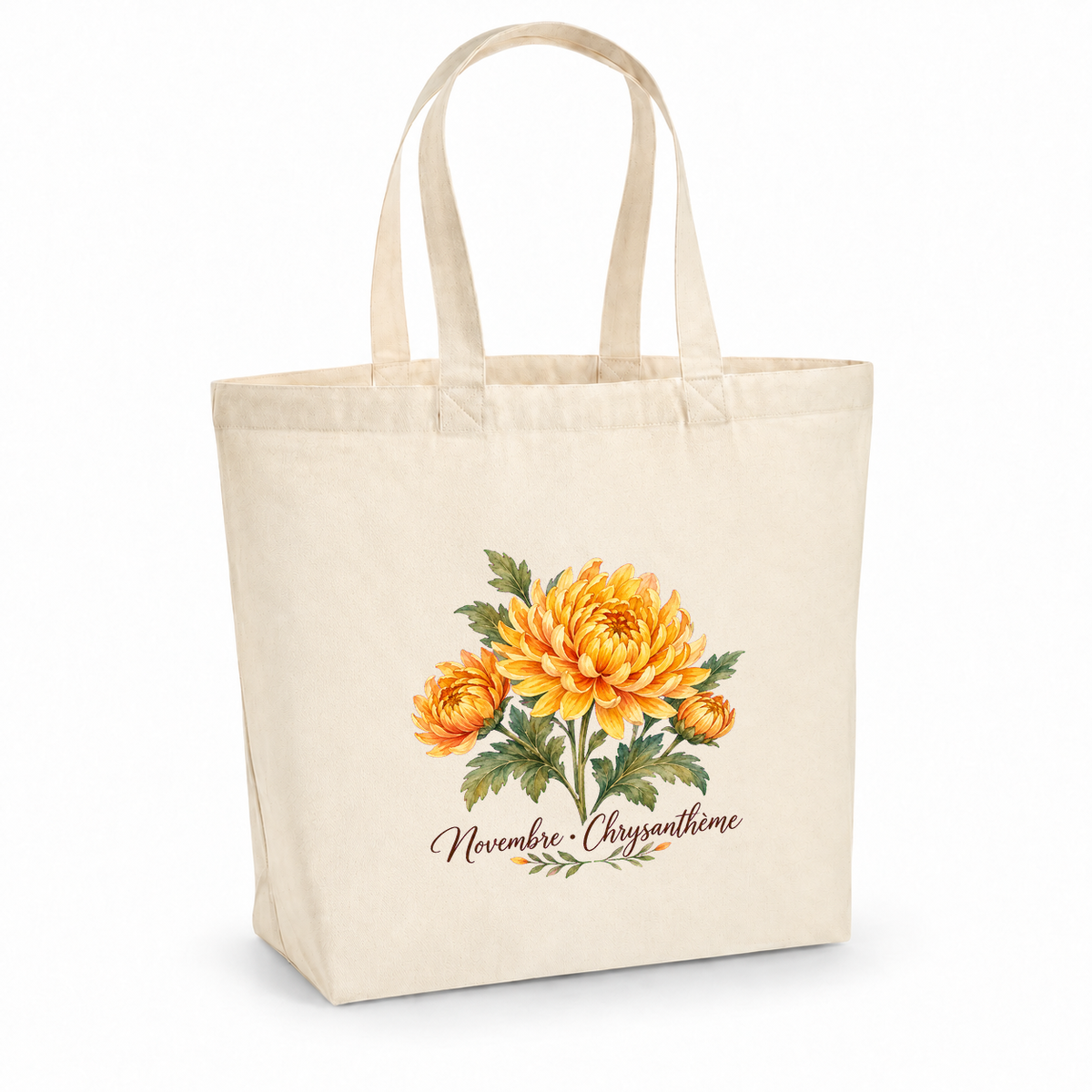Tote bag fleur de naissance « Novembre · Chrysanthème » Premium, cabas à soufflet en coton naturel 200 g/m² de 18 litres, aquarelle botanique d'un bouquet de chrysanthèmes dorés
