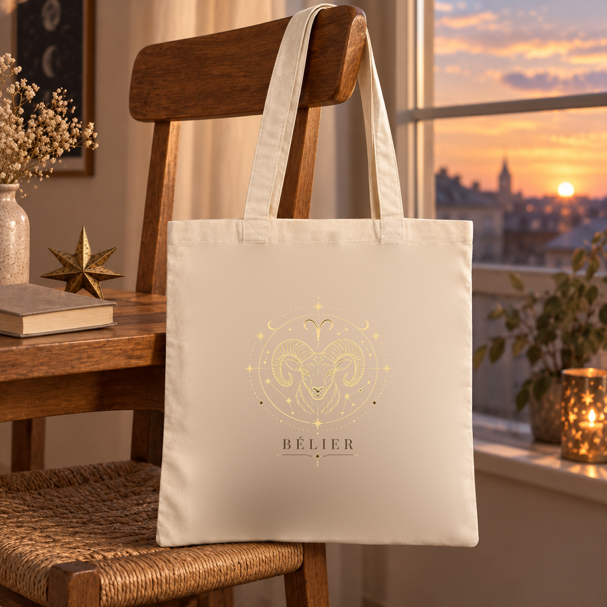Tote bag signe astrologique « BÉLIER » Essentiel suspendu à une chaise près d'une fenêtre au coucher du soleil