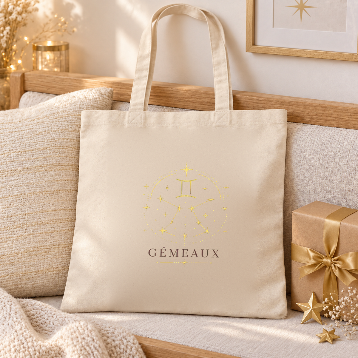 Tote bag signe astrologique « GÉMEAUX » Essentiel posé sur une banquette, à côté de coussins et d'un cadeau doré
