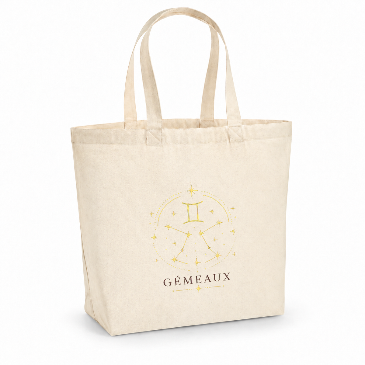 Tote bag signe astrologique « GÉMEAUX » Premium, cabas à soufflet en coton naturel 200 g/m² de 18 litres, illustration céleste au trait doré du symbole et de la constellation des Gémeaux