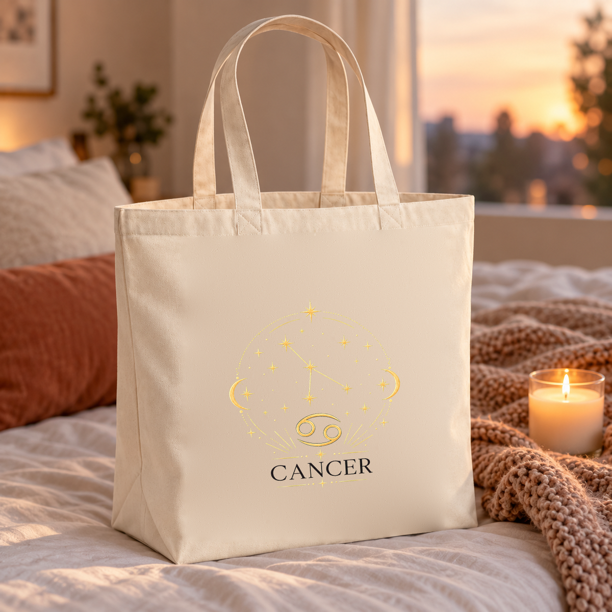 Tote bag signe astrologique « CANCER » Premium posé sur un lit, à côté d'un plaid et d'une bougie