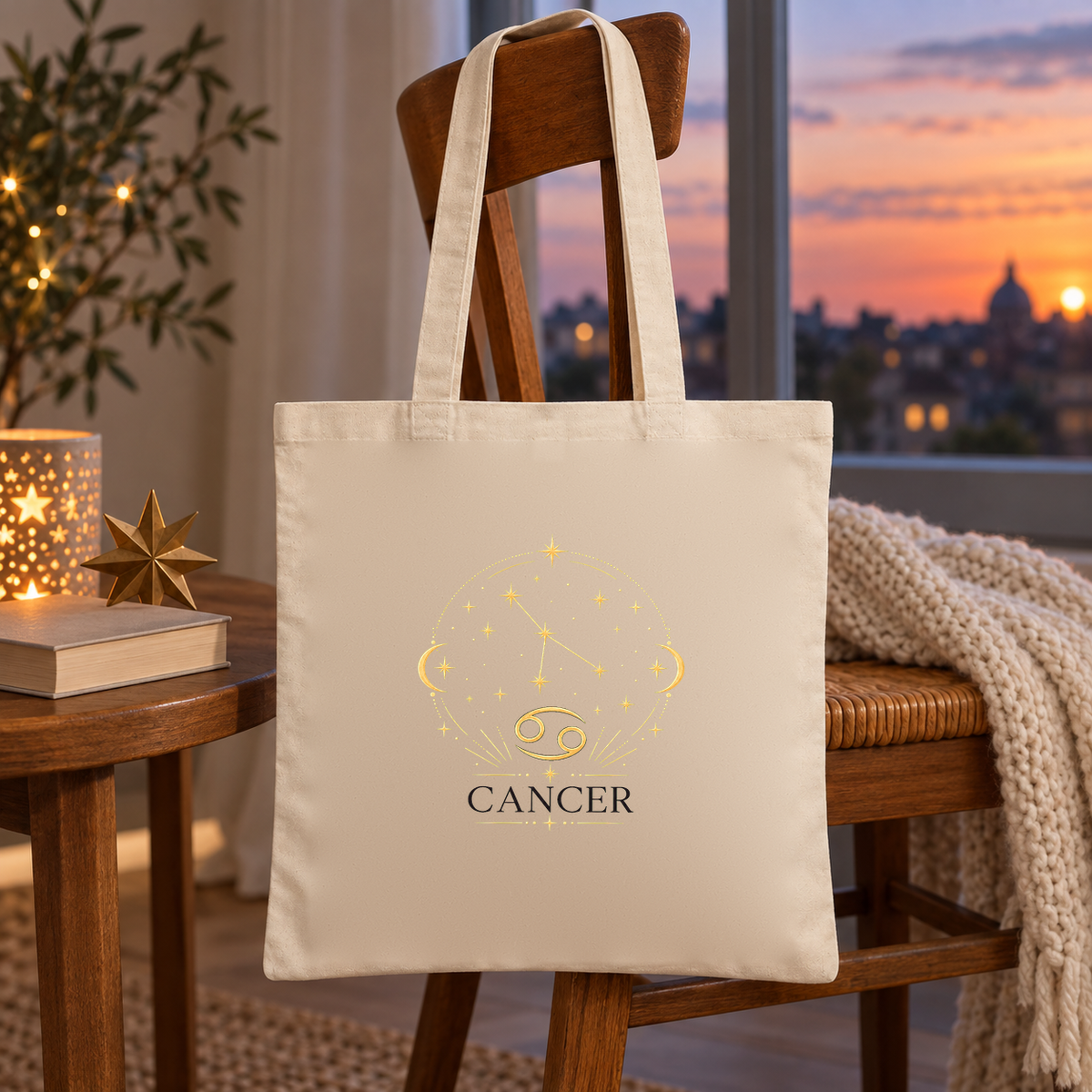 Tote bag signe astrologique « CANCER » Essentiel suspendu à une chaise près d'une fenêtre ouverte sur la ville au crépuscule