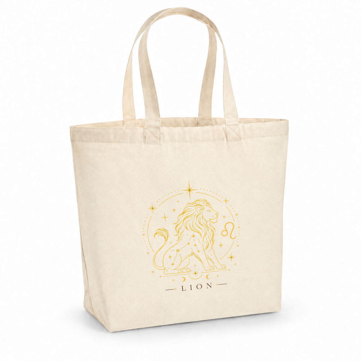 Tote bag signe astrologique « LION » Premium, cabas à soufflet en coton naturel 200 g/m² de 18 litres, illustration céleste au trait doré d'un lion assis sur sa constellation