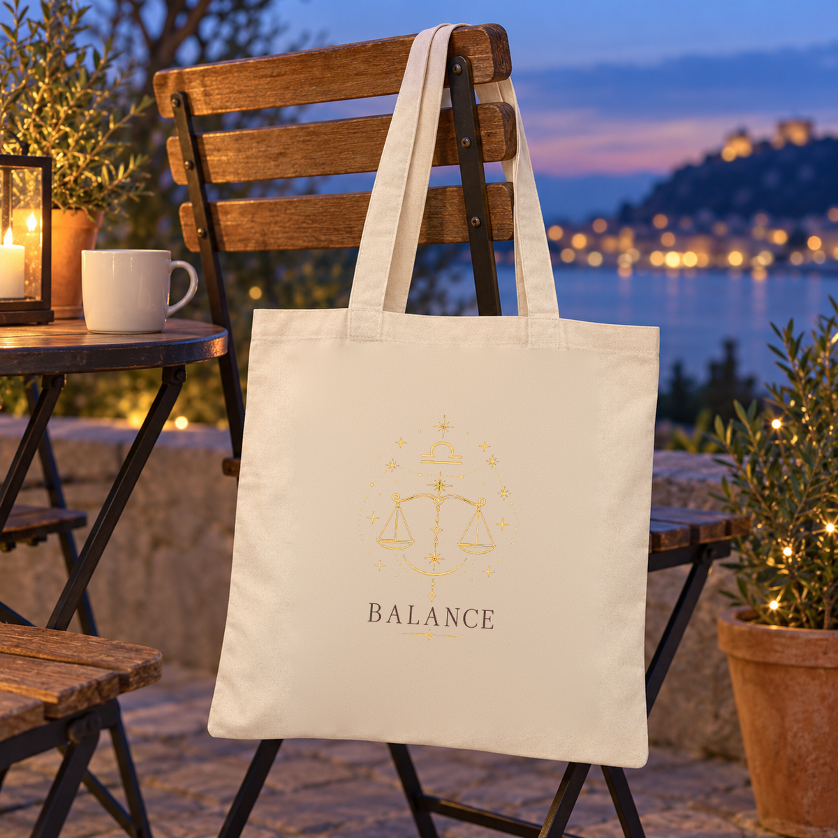 Tote bag signe astrologique « BALANCE » Essentiel suspendu à une chaise de terrasse face à la mer au crépuscule