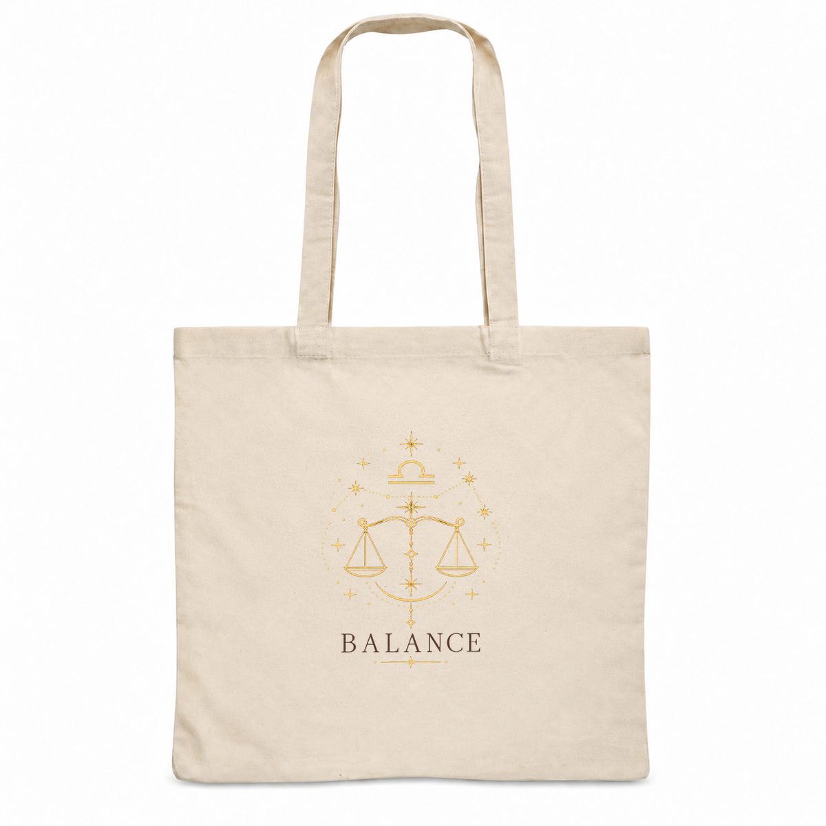 Tote bag signe astrologique « BALANCE » Essentiel, sac plat en coton naturel 140 g/m² de 38 × 42 cm, illustration céleste au trait doré d'une balance et du symbole du signe