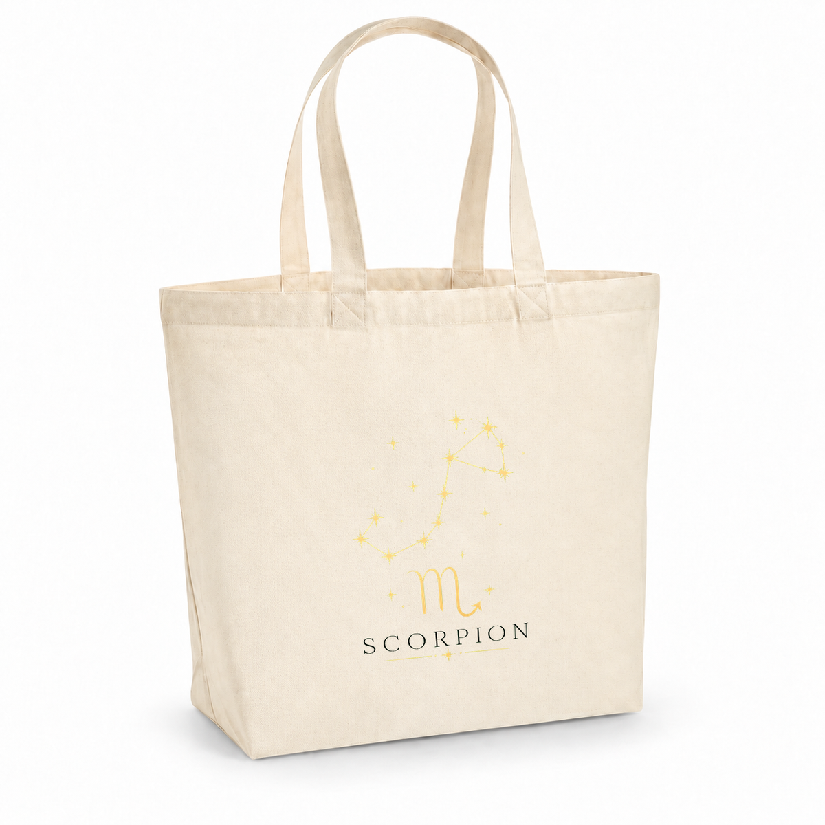 Tote bag signe astrologique « SCORPION » Premium, cabas à soufflet en coton naturel 200 g/m² de 18 litres, illustration céleste au trait doré de la constellation et du symbole du Scorpion