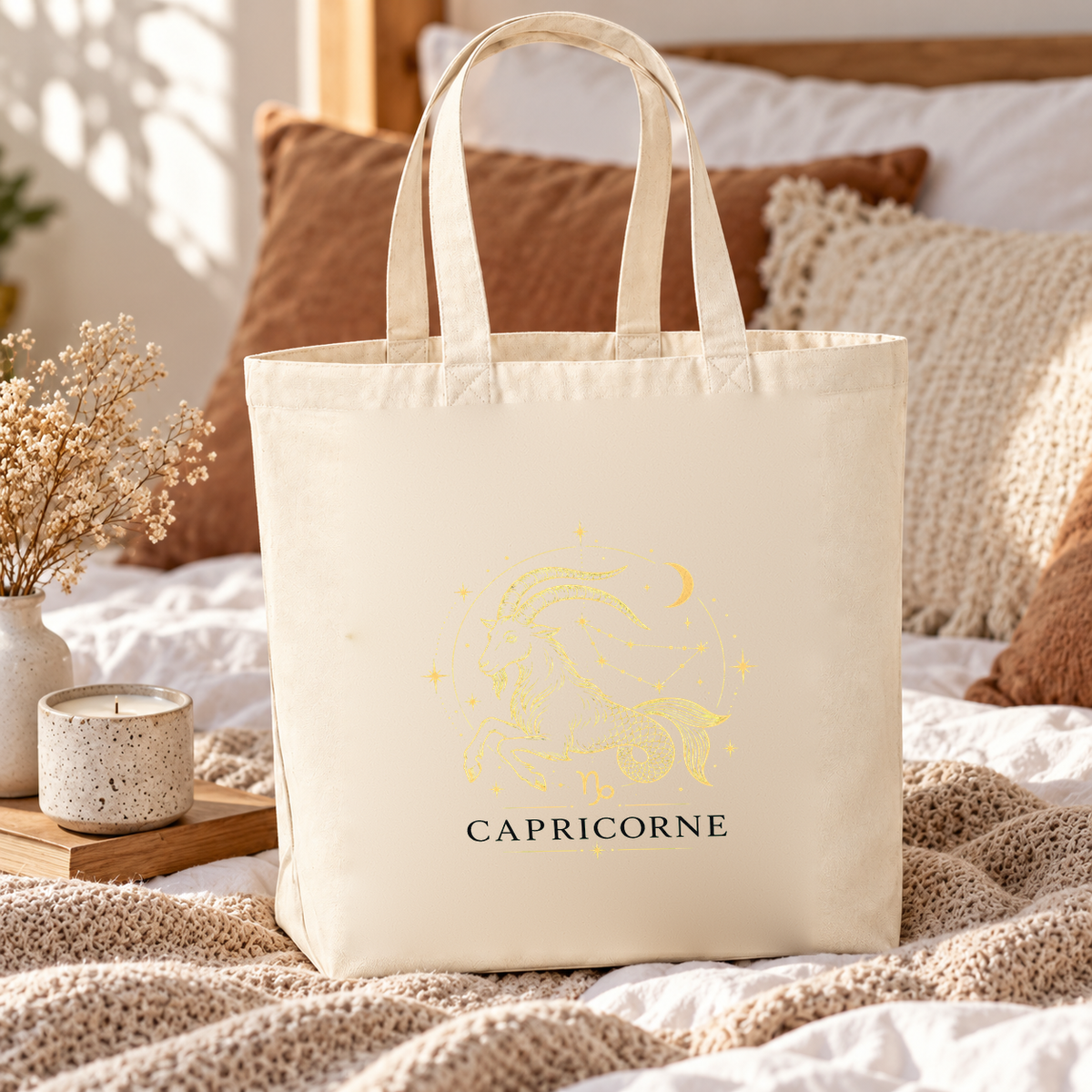 Tote bag signe astrologique « CAPRICORNE » Premium posé sur un lit, à côté d'un plaid et d'une bougie