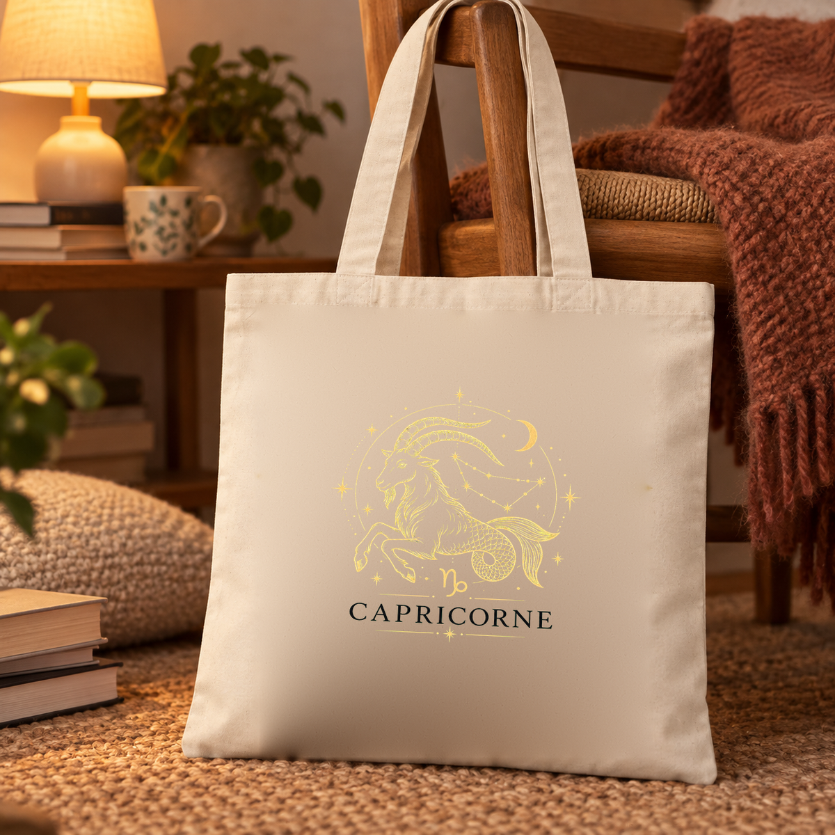Tote bag signe astrologique « CAPRICORNE » Essentiel posé contre une chaise, à côté de livres, d'une lampe et d'un plaid