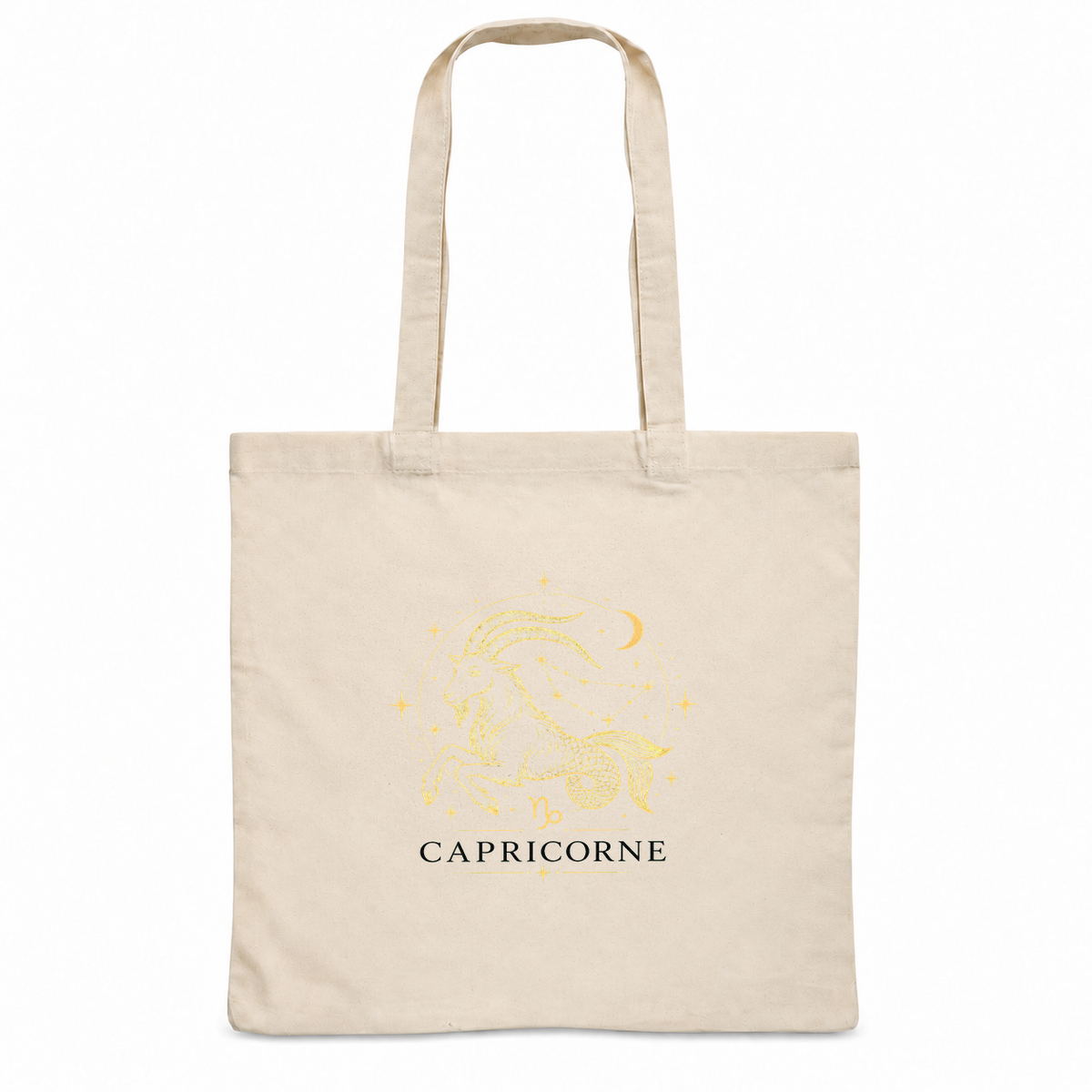 Tote bag signe astrologique « CAPRICORNE » Essentiel, sac plat en coton naturel 140 g/m² de 38 × 42 cm, illustration céleste au trait doré d'une chèvre à queue de poisson sur sa constellation
