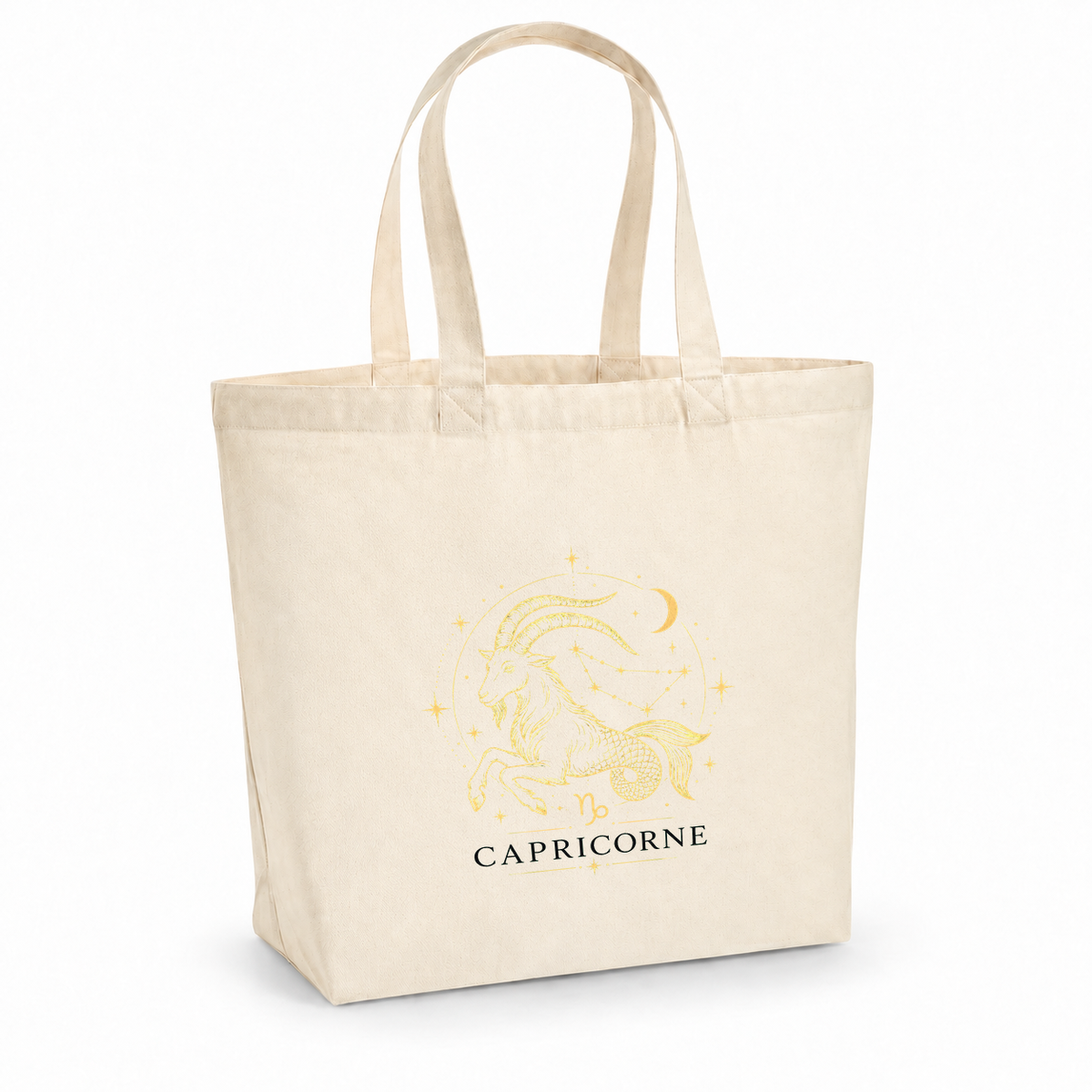 Tote bag signe astrologique « CAPRICORNE » Premium, cabas à soufflet en coton naturel 200 g/m² de 18 litres, illustration céleste au trait doré d'une chèvre à queue de poisson sur sa constellation
