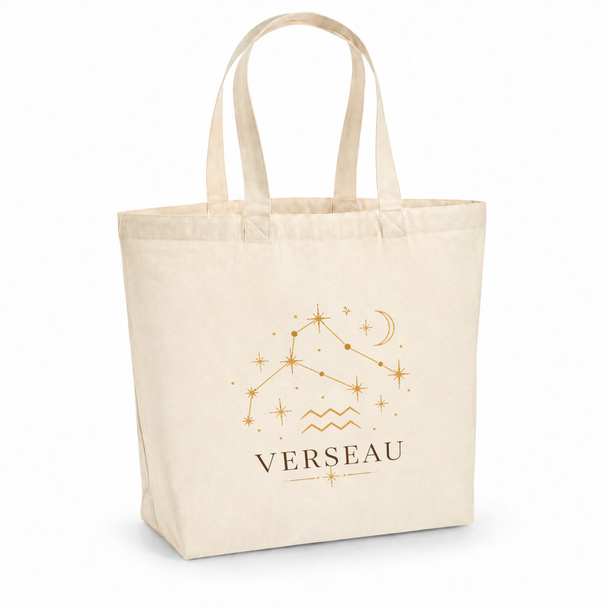 Tote bag signe astrologique « VERSEAU » Premium, cabas à soufflet en coton naturel 200 g/m² de 18 litres, illustration céleste au trait doré de la constellation et du symbole du Verseau