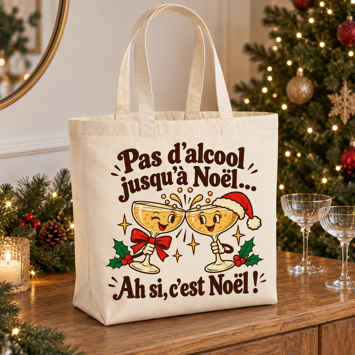 Tote bag Noël « Pas d’alcool jusqu’à Noël… Ah si, c’est Noël ! » Premium posé de trois quarts sur une table de fête