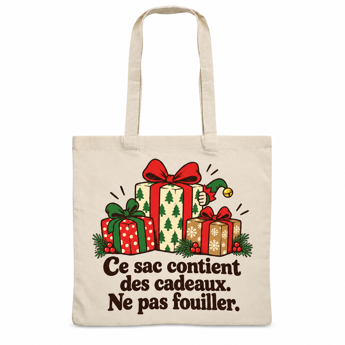 Tote bag Noël « Ce sac contient des cadeaux. Ne pas fouiller. » Essentiel, sac plat en coton naturel 140 g/m² de 38 × 42 cm, illustration rétro trois paquets de Noël aux rubans rouges et verts, derrière lesquels dépasse la main espiègle d'un lutin