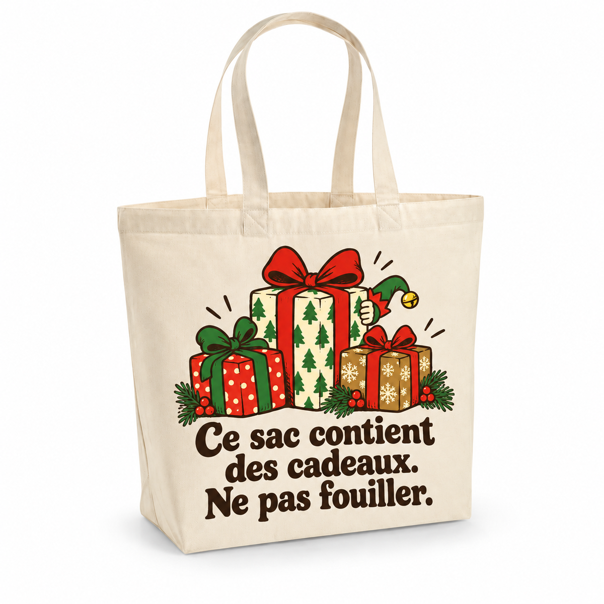 Tote bag Noël « Ce sac contient des cadeaux. Ne pas fouiller. » Premium, cabas à soufflet en coton naturel 200 g/m² de 18 litres, illustration rétro trois paquets de Noël aux rubans rouges et verts, derrière lesquels dépasse la main espiègle d'un lutin
