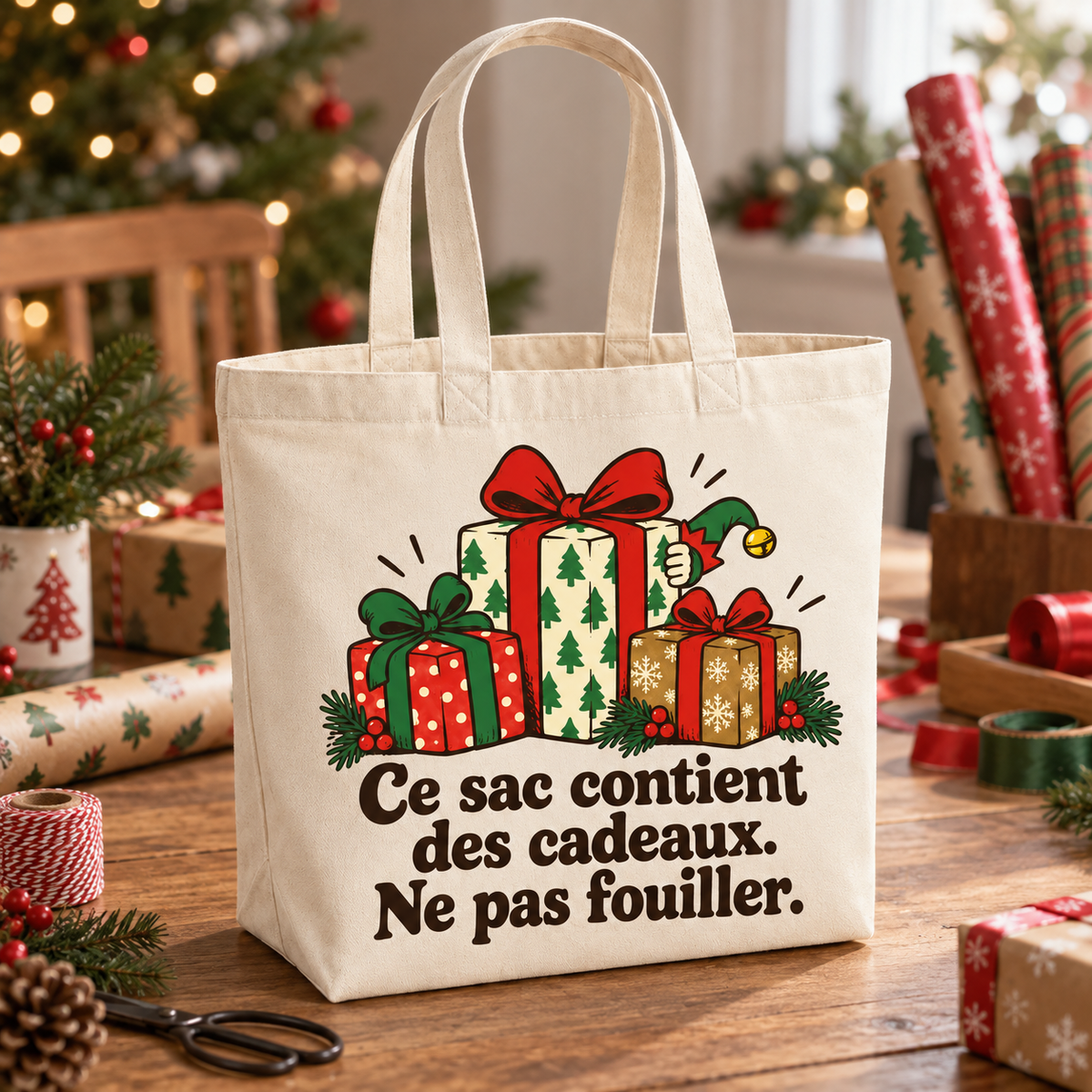 Tote bag Noël « Ce sac contient des cadeaux. Ne pas fouiller. » Premium posé de trois quarts sur une table de fête