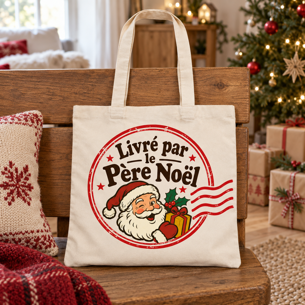 Tote bag Noël « Livré par le Père Noël » Essentiel posé contre le dossier d'une chaise, décor de Noël en arrière-plan