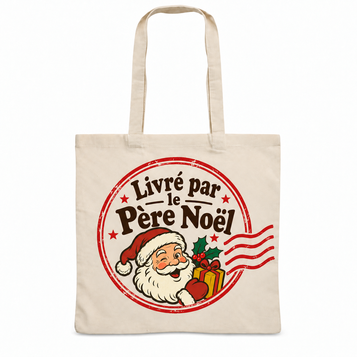 Tote bag Noël « Livré par le Père Noël » Essentiel, sac plat en coton naturel 140 g/m² de 38 × 42 cm, illustration rétro un grand tampon postal vintage rouge, avec la tête souriante du Père Noël, un paquet cadeau et des lignes d'oblitération