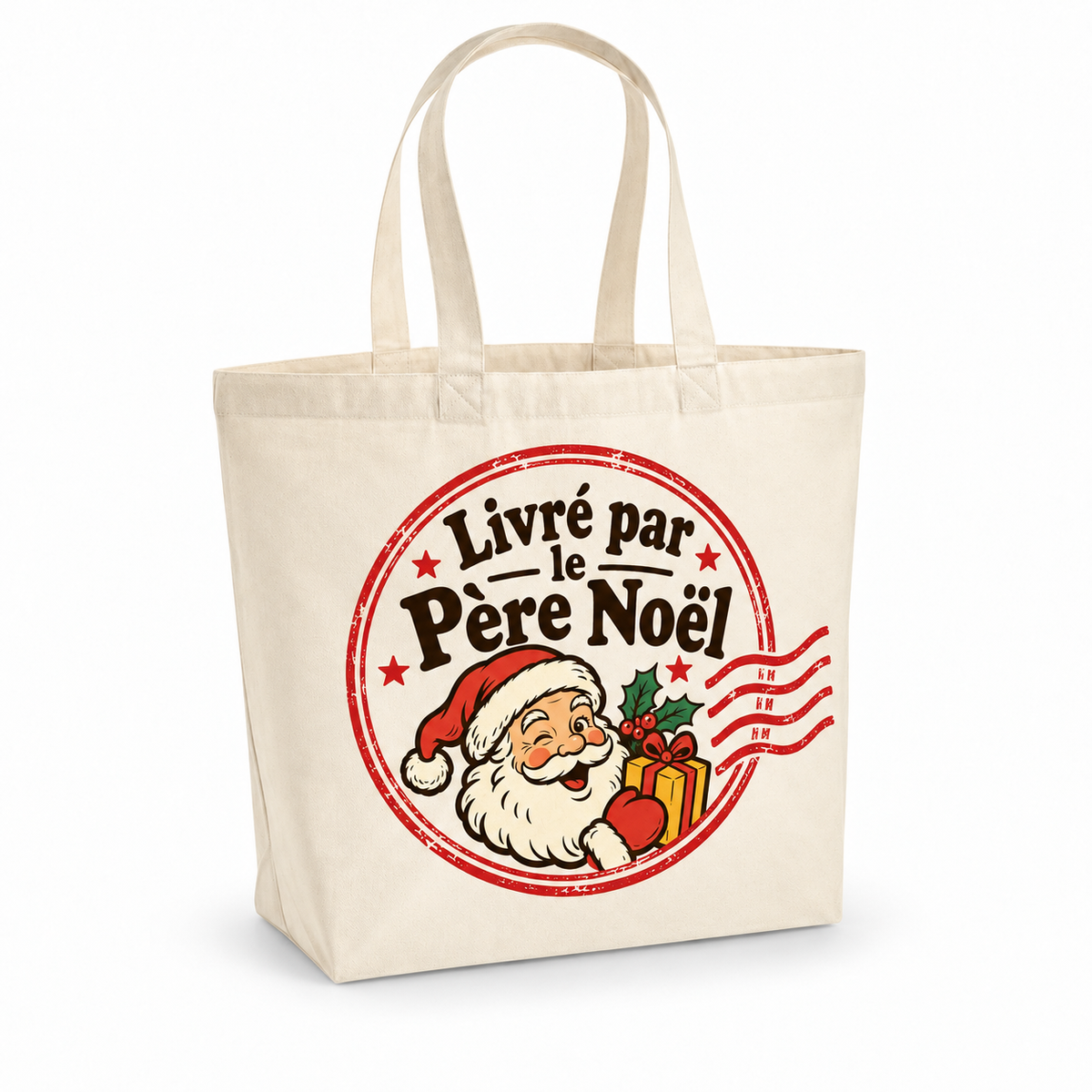 Tote bag Noël « Livré par le Père Noël » Premium, cabas à soufflet en coton naturel 200 g/m² de 18 litres, illustration rétro un grand tampon postal vintage rouge, avec la tête souriante du Père Noël, un paquet cadeau et des lignes d'oblitération