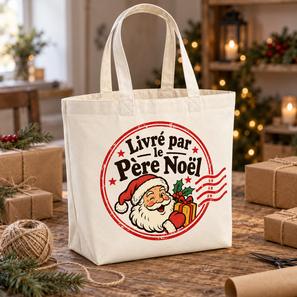 Tote bag Noël « Livré par le Père Noël » Premium posé de trois quarts sur une table de fête