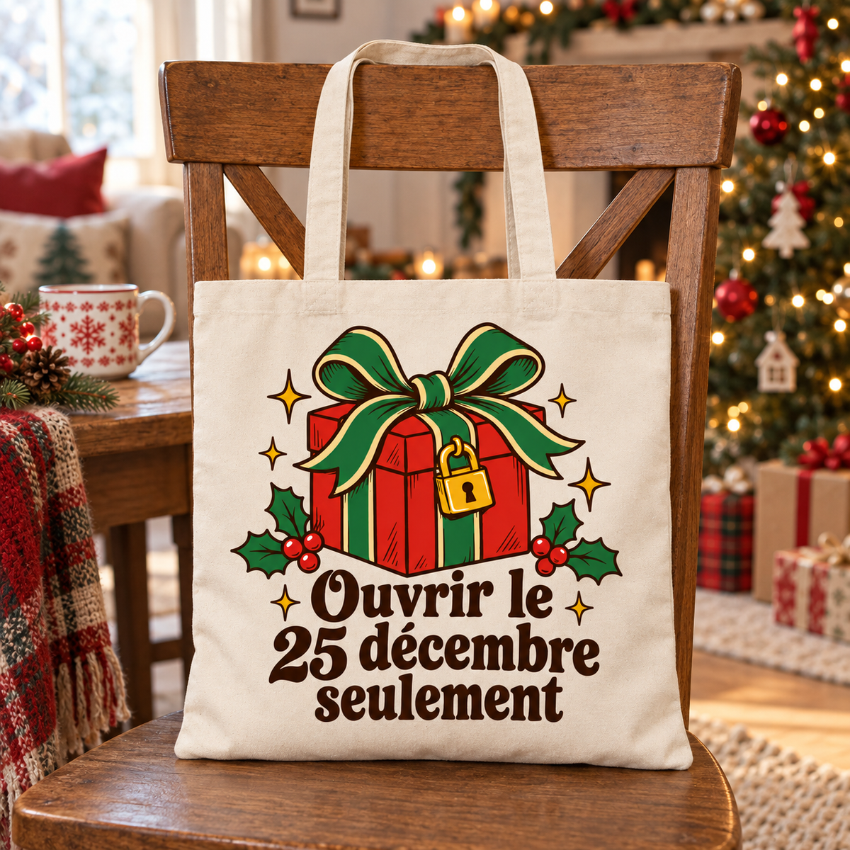 Tote bag Noël « Ouvrir le 25 décembre seulement » Essentiel posé contre le dossier d'une chaise, décor de Noël en arrière-plan