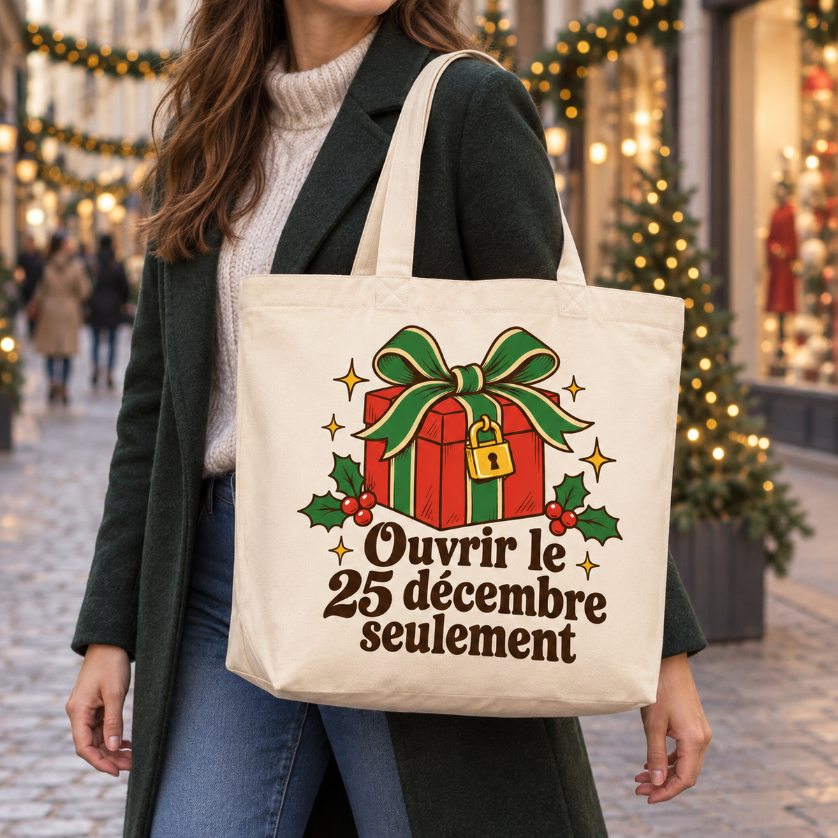Tote bag Noël « Ouvrir le 25 décembre seulement » Premium porté à l'épaule dans une ambiance de Noël