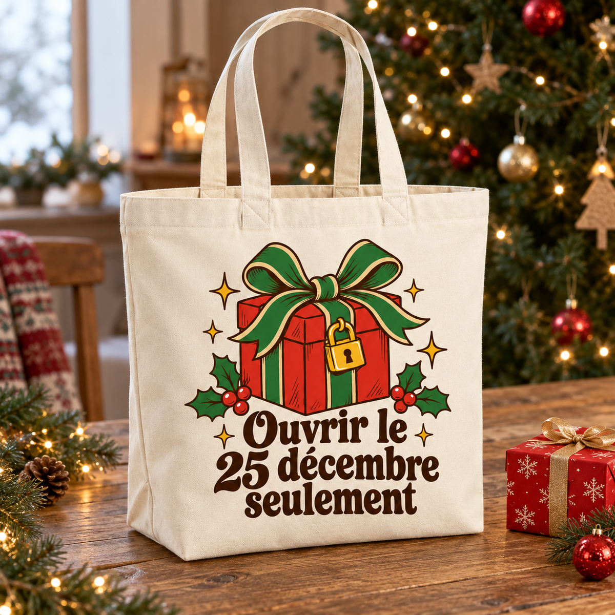 Tote bag Noël « Ouvrir le 25 décembre seulement » Premium posé de trois quarts sur une table de fête