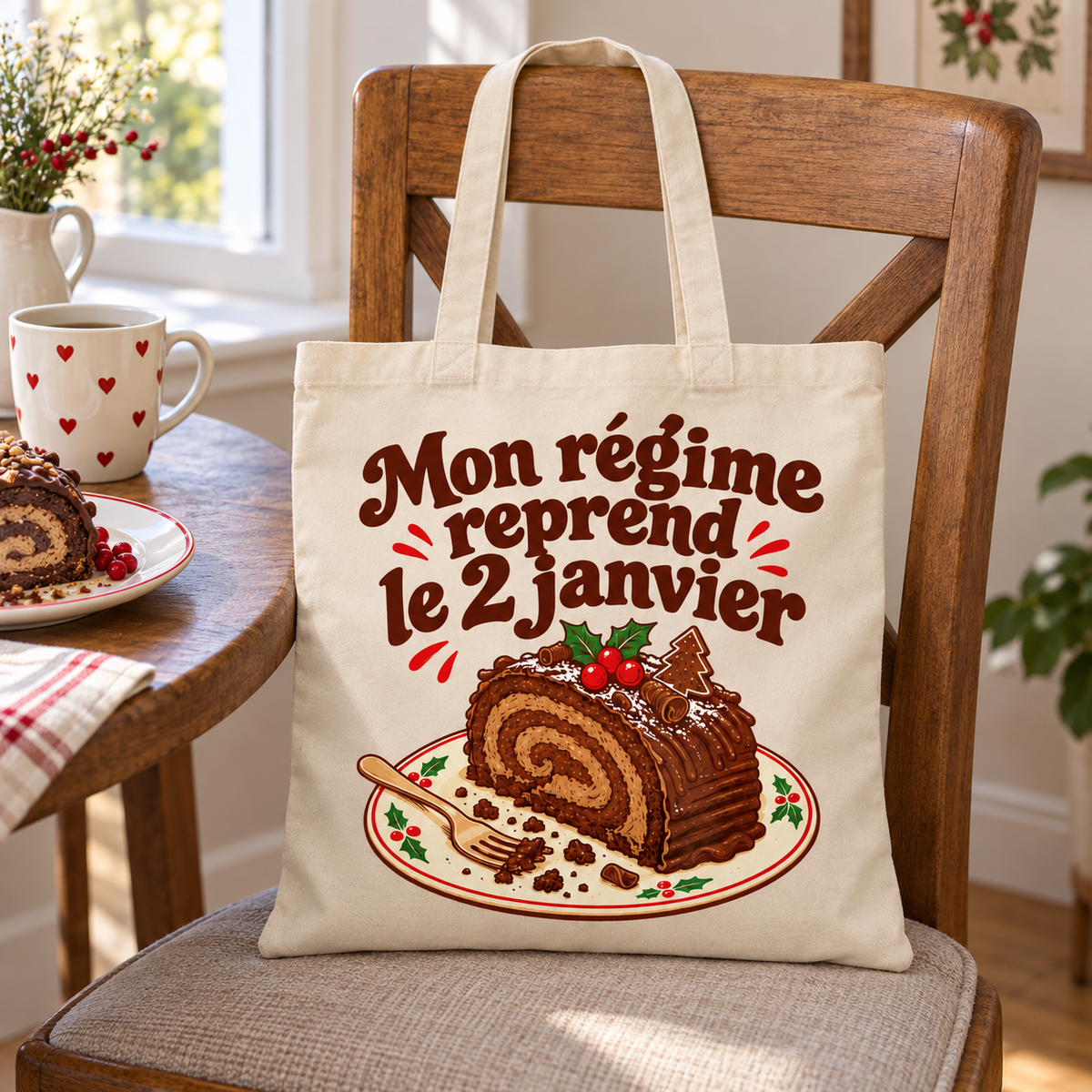 Tote bag Noël « Mon régime reprend le 2 janvier » Essentiel posé contre le dossier d'une chaise, décor de Noël en arrière-plan