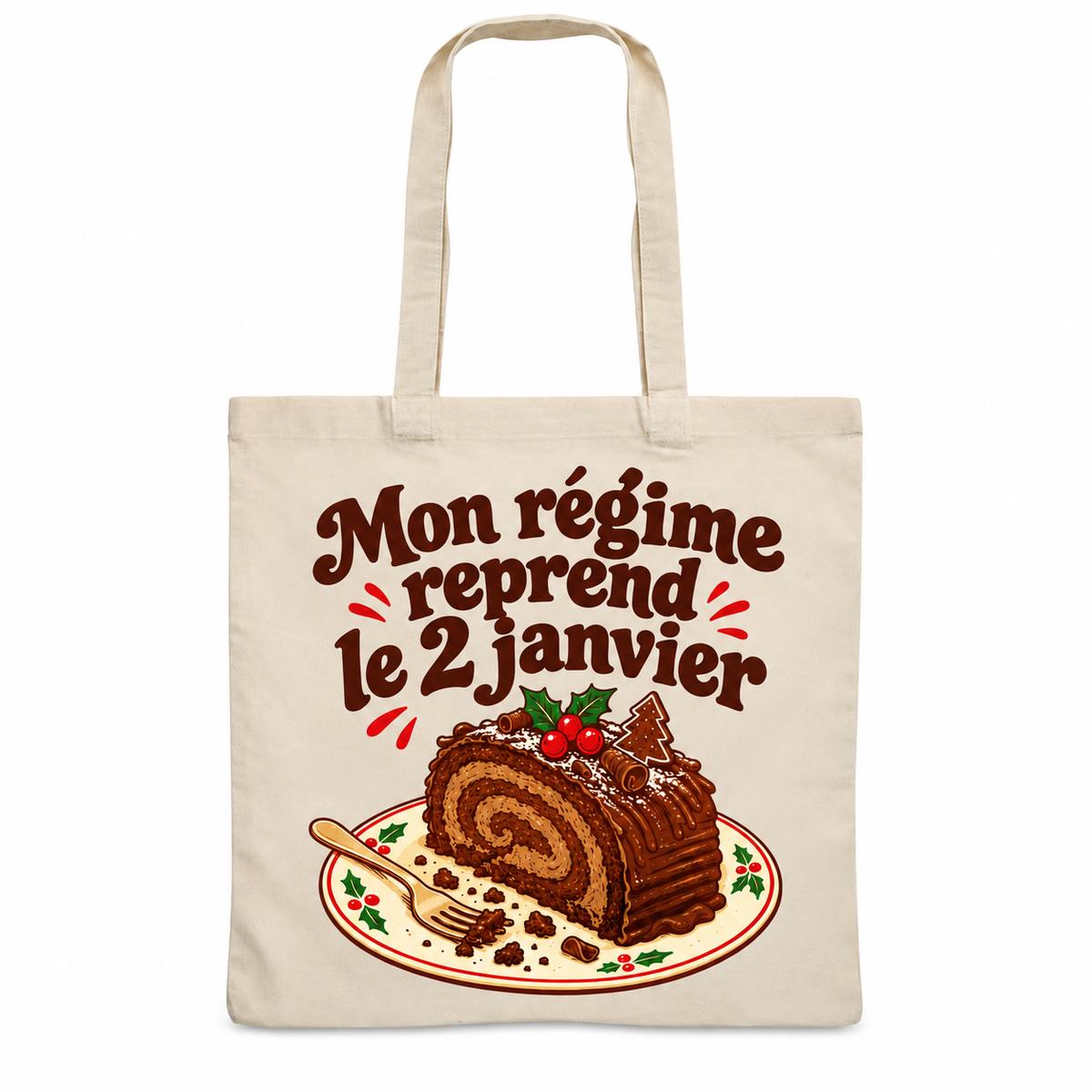 Tote bag Noël « Mon régime reprend le 2 janvier » Essentiel, sac plat en coton naturel 140 g/m² de 38 × 42 cm, illustration rétro une part généreuse de bûche au chocolat sur une petite assiette, avec sa fourchette et quelques miettes
