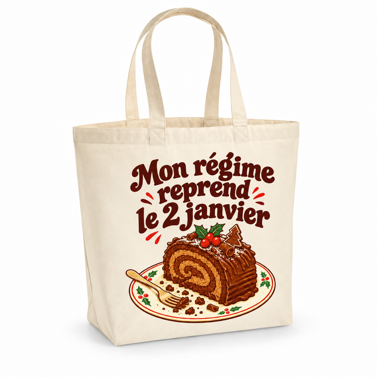 Tote bag Noël « Mon régime reprend le 2 janvier » Premium, cabas à soufflet en coton naturel 200 g/m² de 18 litres, illustration rétro une part généreuse de bûche au chocolat sur une petite assiette, avec sa fourchette et quelques miettes
