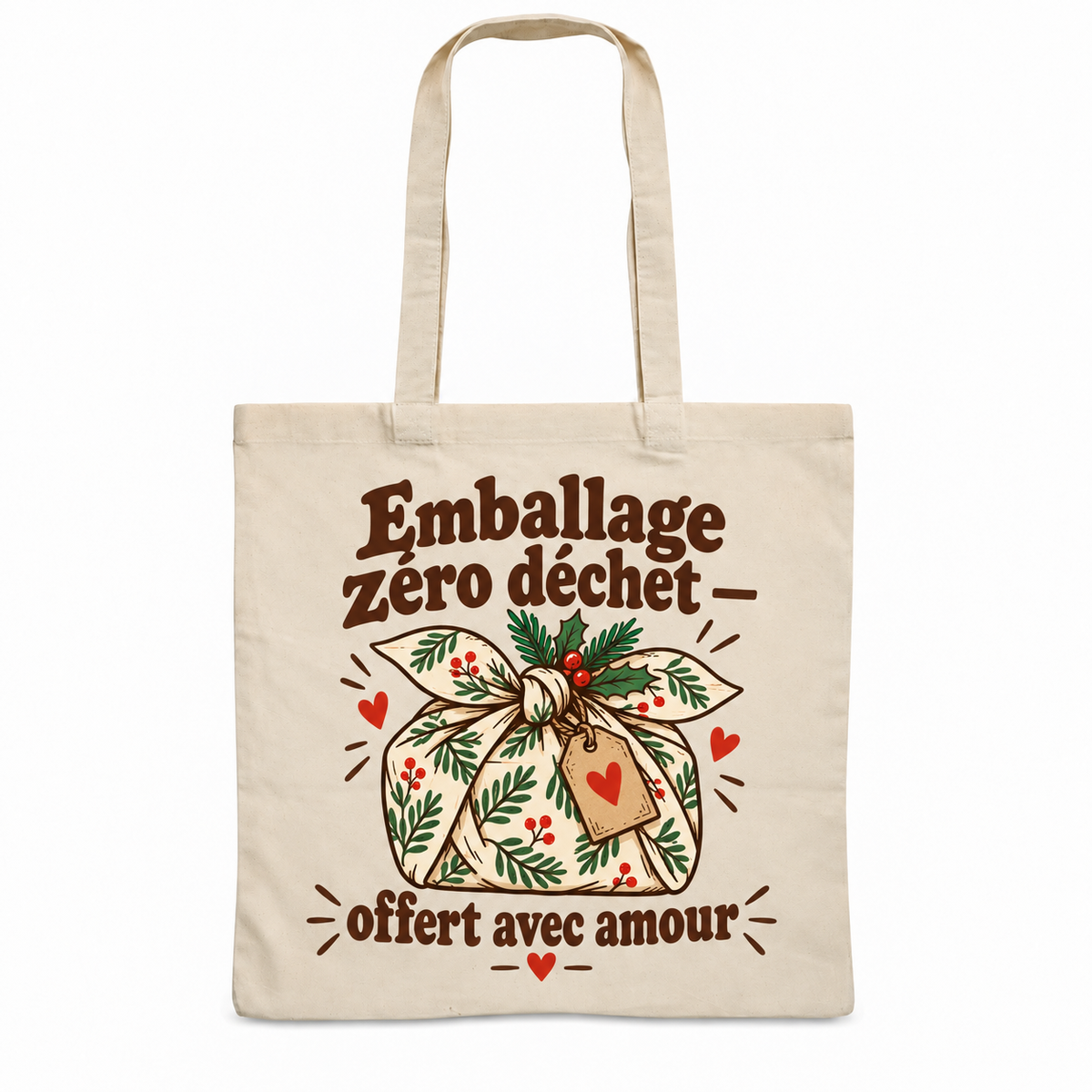 Tote bag Noël « Emballage zéro déchet — offert avec amour » Essentiel, sac plat en coton naturel 140 g/m² de 38 × 42 cm, illustration rétro un cadeau emballé dans un tissu noué façon furoshiki, avec une étiquette en forme de cœur et une branche de houx