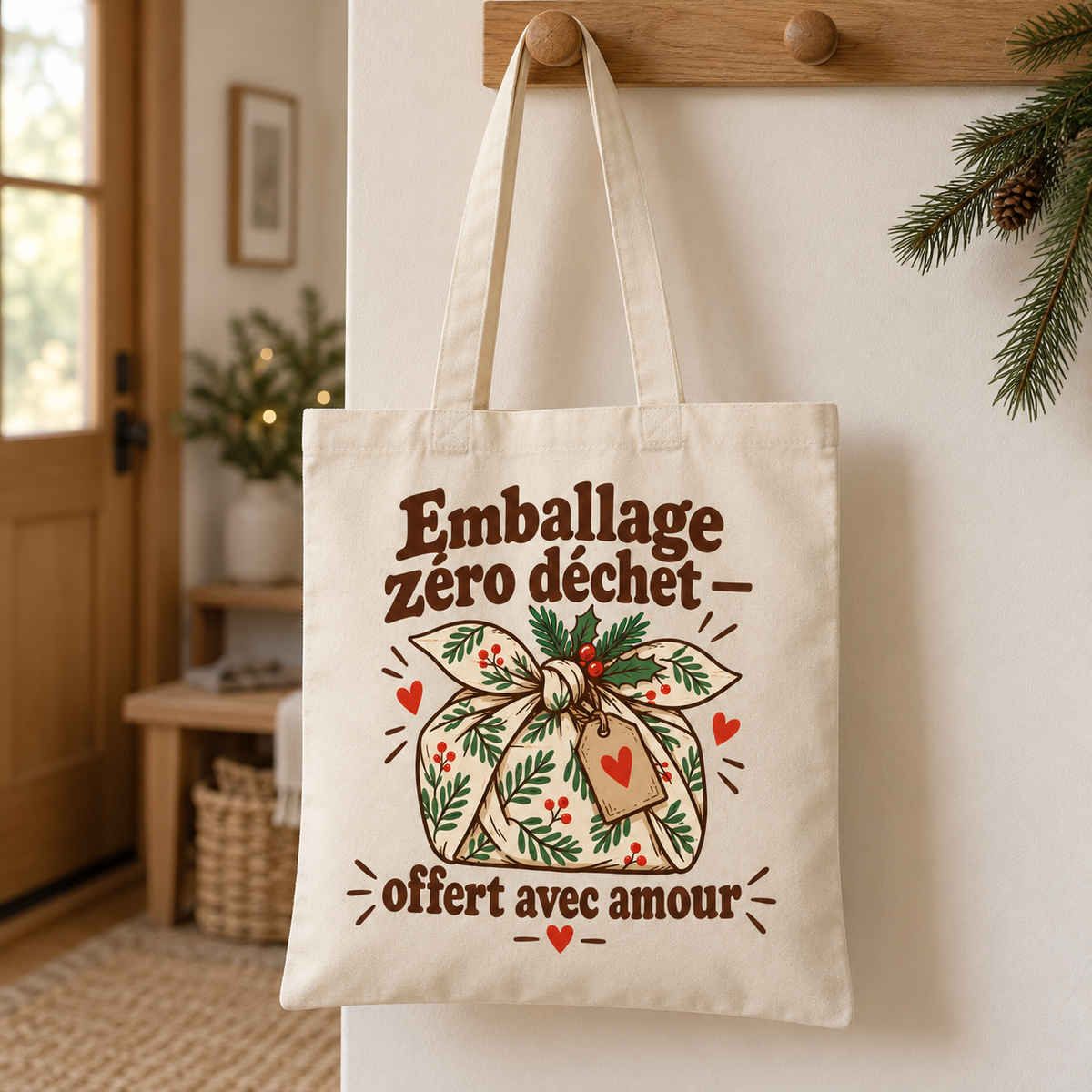 Tote bag Noël « Emballage zéro déchet — offert avec amour » Essentiel suspendu par ses anses dans un intérieur décoré pour les fêtes