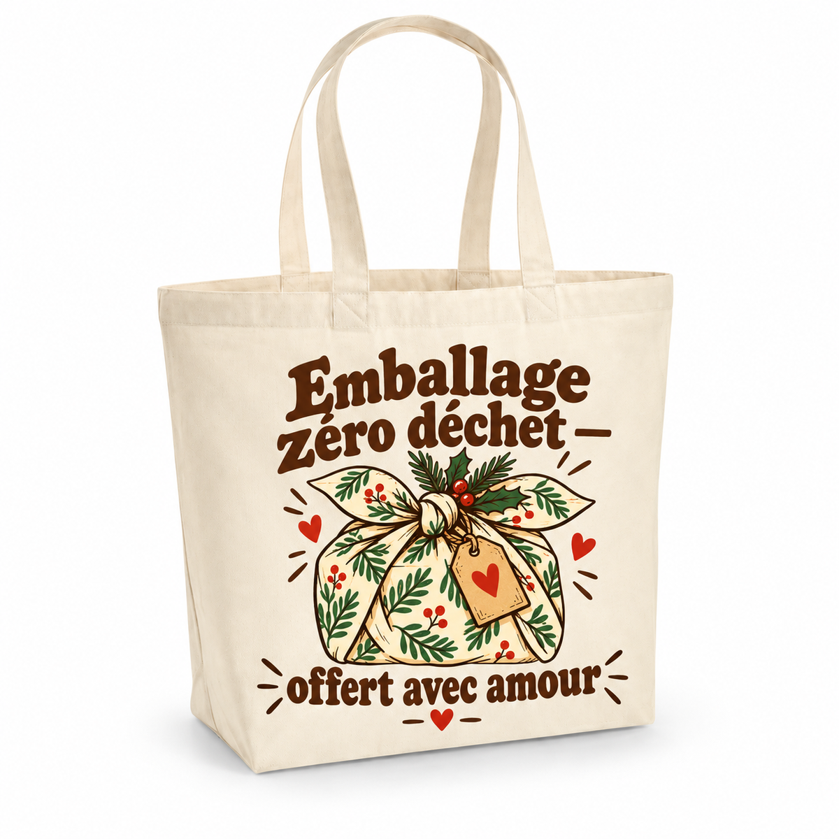 Tote bag Noël « Emballage zéro déchet — offert avec amour » Premium, cabas à soufflet en coton naturel 200 g/m² de 18 litres, illustration rétro un cadeau emballé dans un tissu noué façon furoshiki, avec une étiquette en forme de cœur et une branche de houx