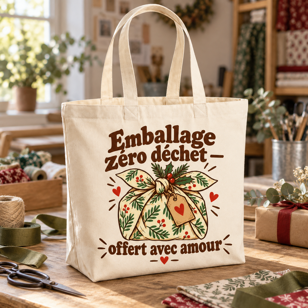 Tote bag Noël « Emballage zéro déchet — offert avec amour » Premium posé de trois quarts sur une table de fête
