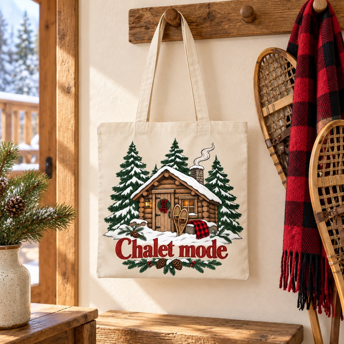 Tote bag « Chalet mode » Essentiel suspendu près d'une paire de raquettes
