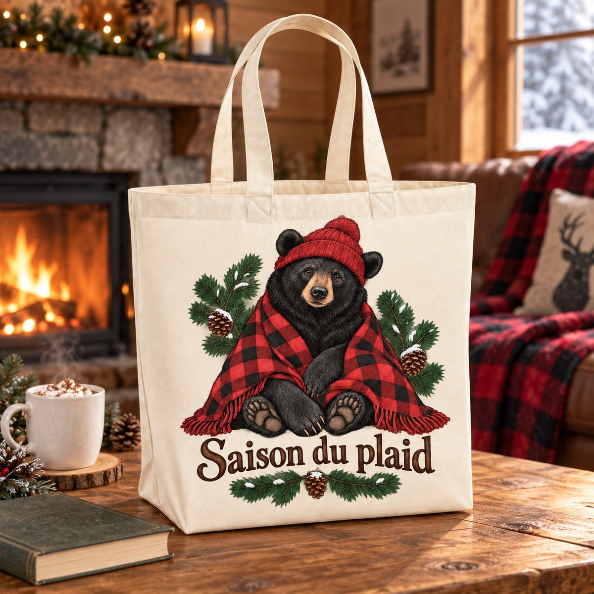 Tote bag « Saison du plaid » Premium posé sur une table en bois