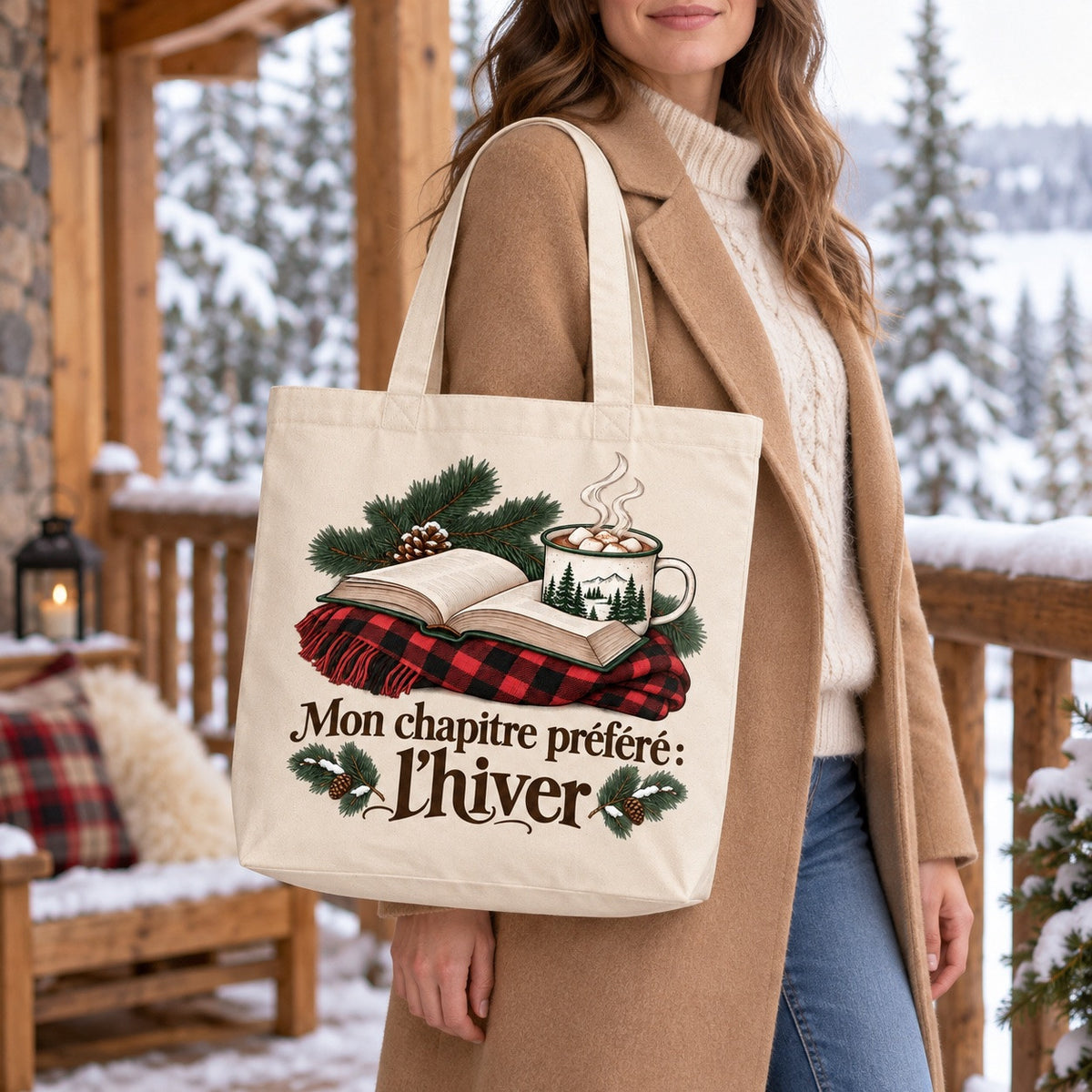 Tote bag « Mon chapitre préféré : l'hiver » Premium porté devant un chalet enneigé