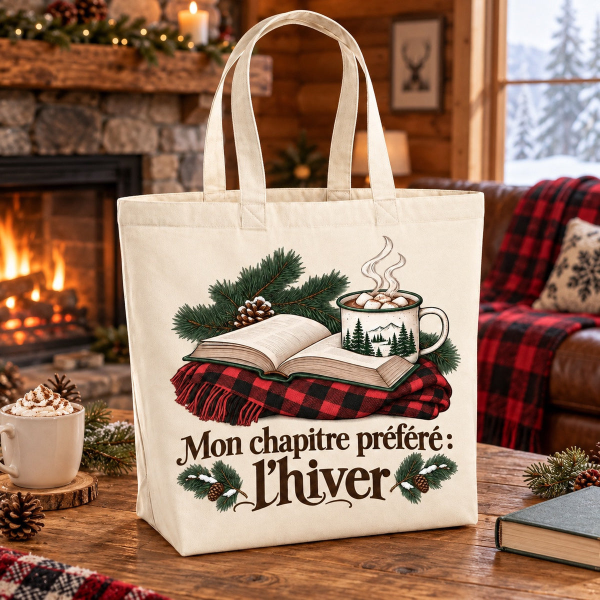 Tote bag « Mon chapitre préféré : l'hiver » Premium posé sur une table en bois